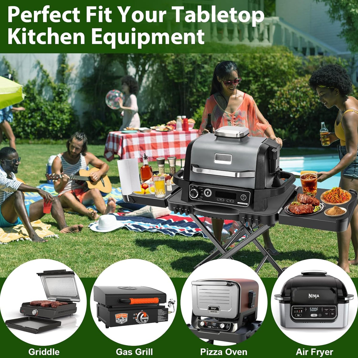 Denmay Grilltafelwagen voor Weber Q100 Q200 Q300-serie, Enders Urban, Nexgrill, Ninja Woodfire grill, pizzaoven, Solo Stove, Burnhard Wayne, grillstandaard met wielen voor de meeste draagbare