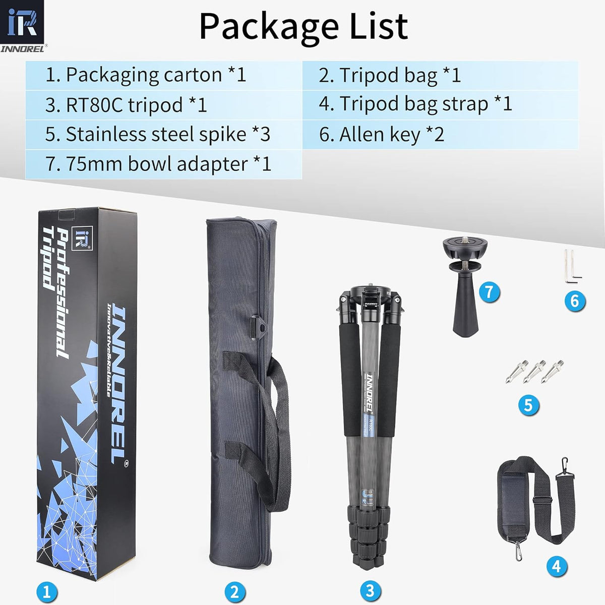 INNOREL RT80C Koolstofvezel Statief Moerslot Professioneel Camera Statief voor Zwaar Gebruik, Ultrastabiel Max buis 32 mm Max Belasting 20 kg Werkhoogte 27-160cm met 65mm Komadapter/zak