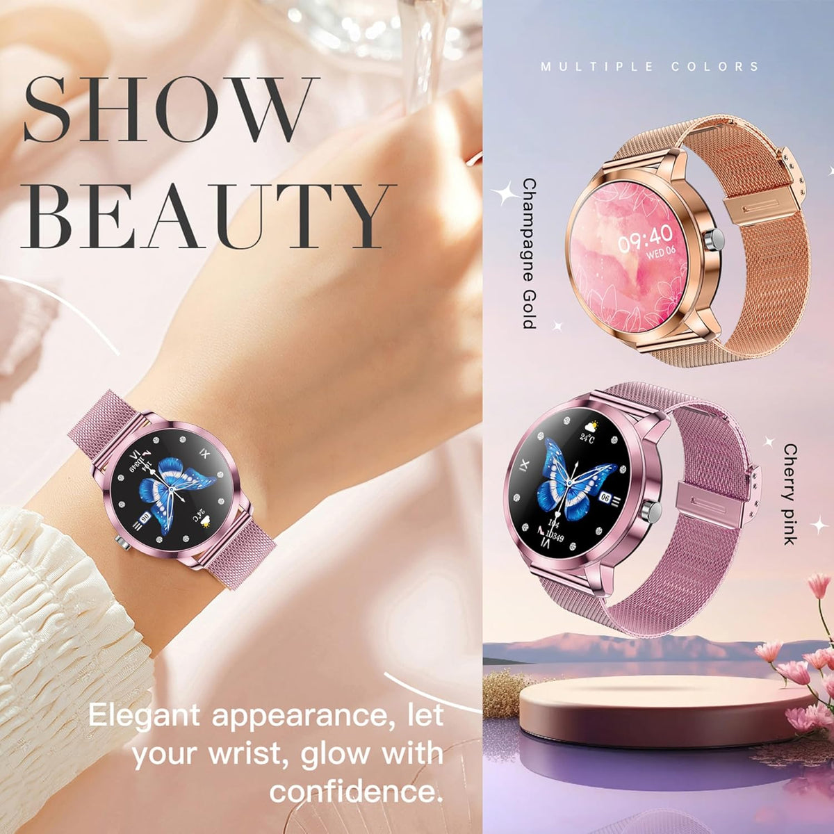 Smartwatch voor Damen met Bluetooth Bellen, 3 Armbanden, 1,09" Slimme Horloge, IP68 Waterdicht Sporthorloges, Hartslagmeter, SpO2, Slaapmonitor, Fitnesstrackerhorloge voor Android/iOS (Roze)
