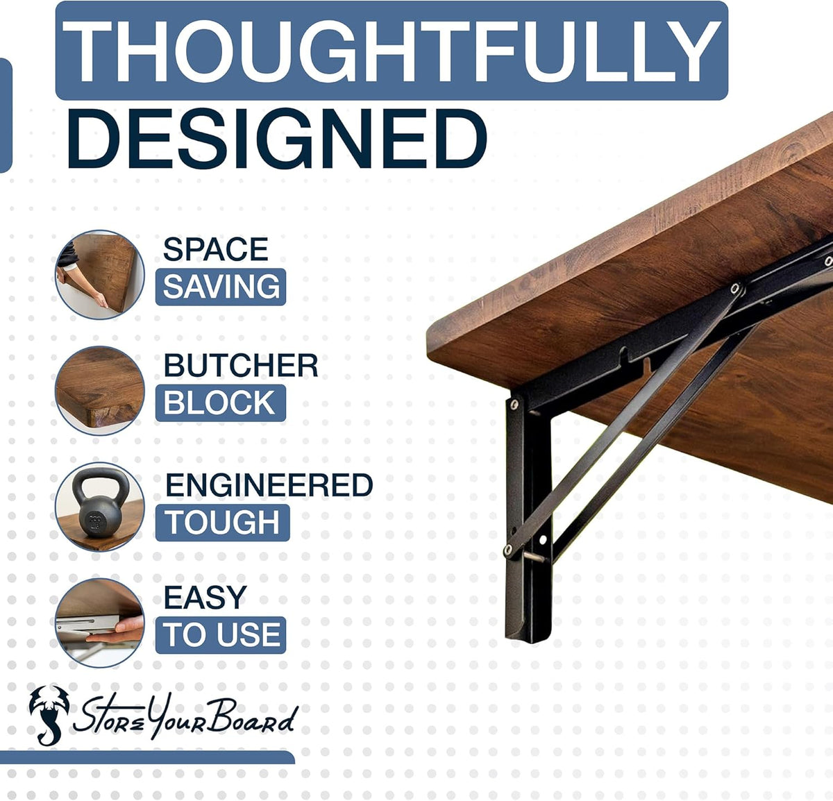 StoreYourBoard Wandgemonteerde opvouwbare tafel, donker houten slagersblok vouwbureau, 40 "x 18", zwarte stalen beugels