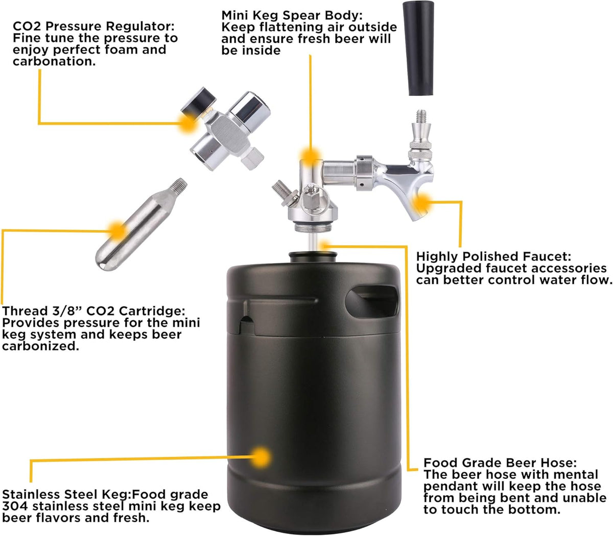 TMCRAFT 2 liter (64 oz) mini roestvrijstalen biervat met bierdispenserset, draagbare growler keg met bierkraan onder zelfregelingssysteem en CO2-regelaar houdt drank vers en koolzuurhoudend
