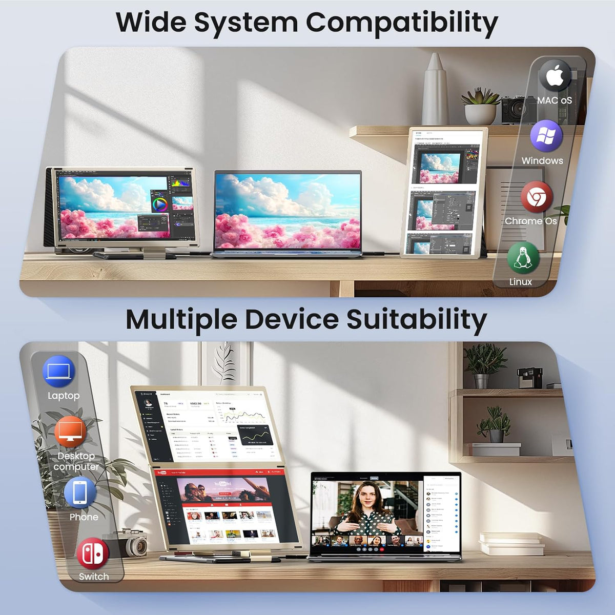 Triple Laptop Screen Extender - 15.6 inch Monitor IPS FHD 1080P Detachable Portable Display for 13"-17.4" Laptops Compatible with Windows Mac Chrome Surface Metal Base Travel Work Setup - QUORE