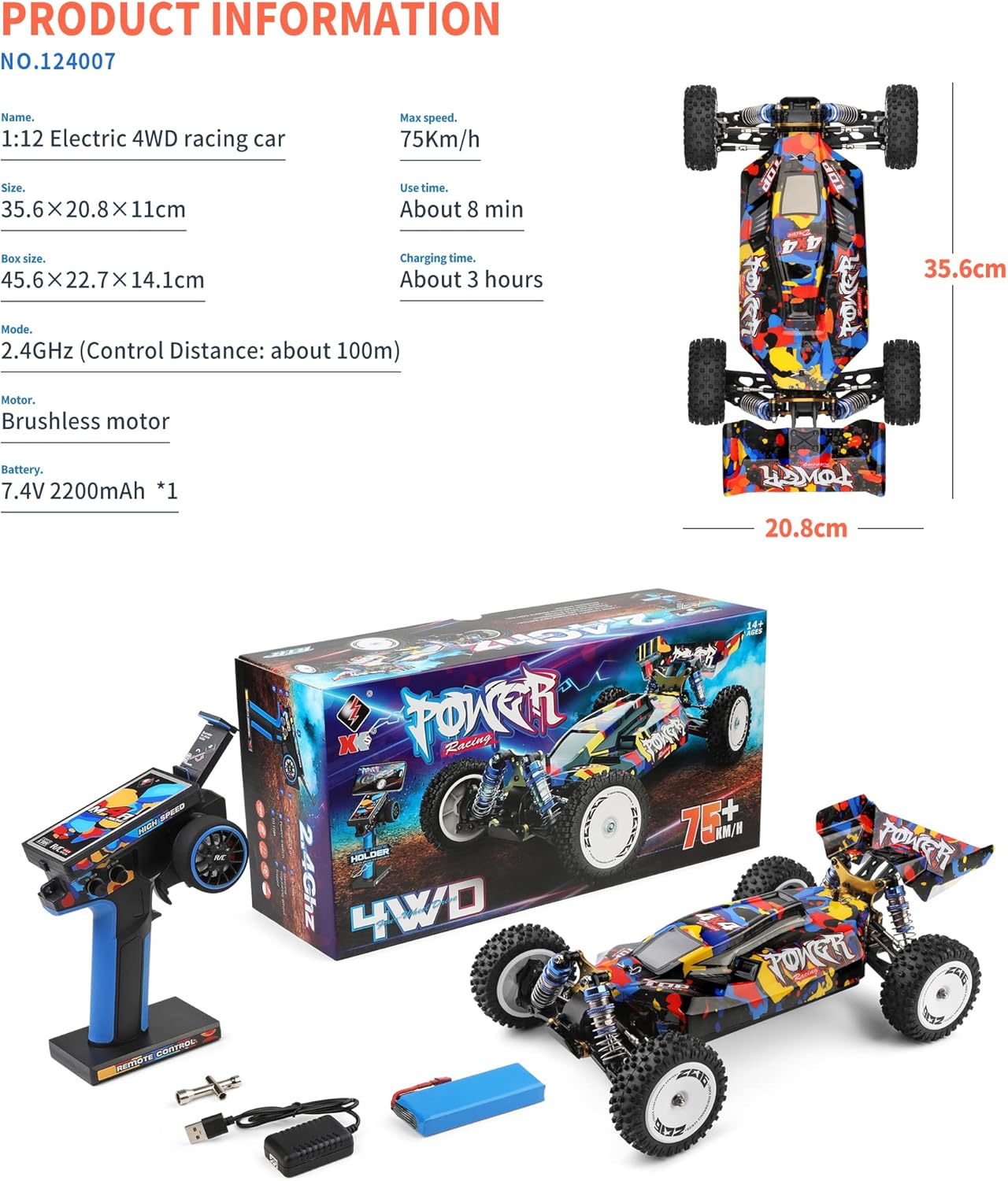RC Auto – Radiografisch Bestuurbare Auto – RC Racer – Elektrische Raceauto – Offroad Buggy – 1:12 Schaal – 75 km/u Topsnelheid – Vierwielaandrijving met Oliegedempte Schokbrekers