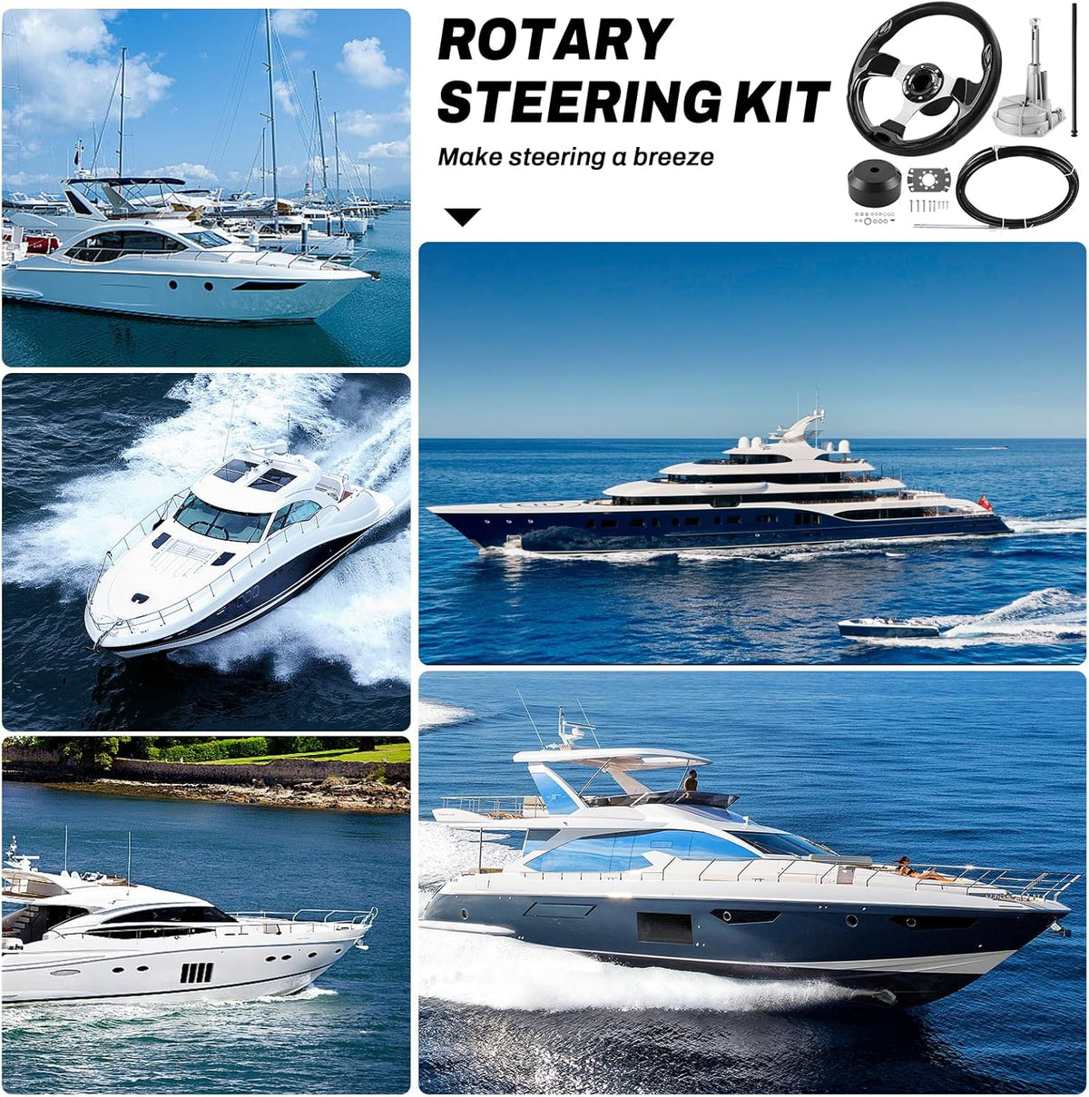 Bootstuursysteem, mechanische roterende stuurkit, 396,24 cm kabelbesturingskabel, buitenboord, marine-stuursystemen voor vissersboten, jachten en andere vaartuigen - met stuurwiel