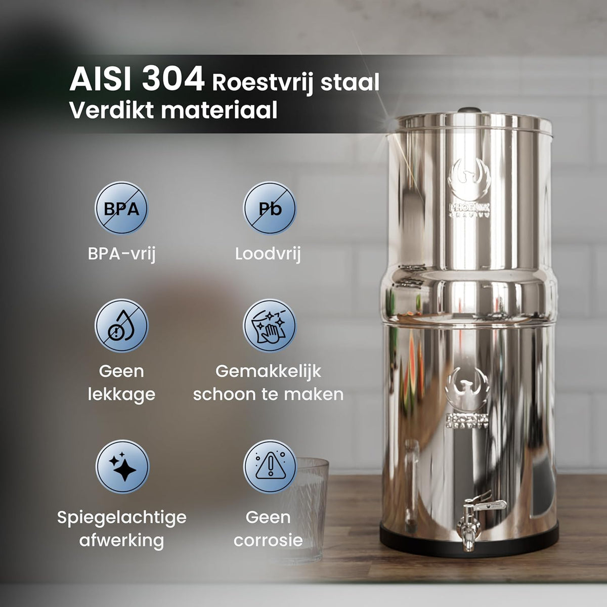 Zwaartekracht Waterfiltersysteem – Waterfilter – Drinkwaterfilter – Waterzuiveraar – Tafelmodel Waterfilter – 6 Liter – 304 Roestvrij Staal – Inclusief 2 Actieve Koolstoffilters