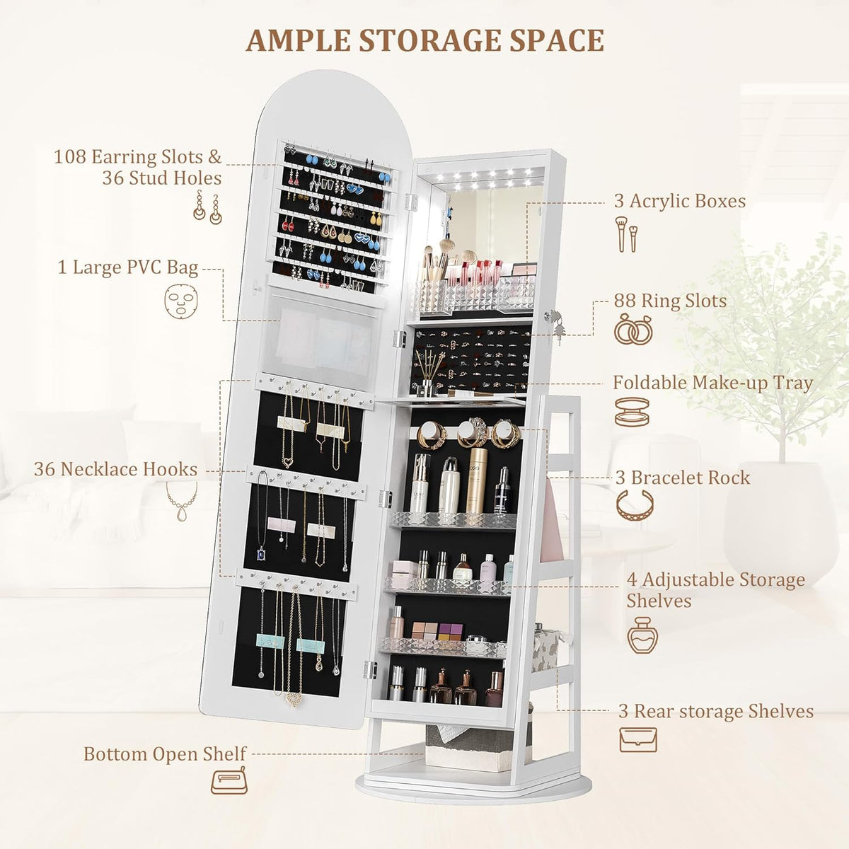 Multifunctionele Staande Sieradenkast – Juwelenkast – Opbergkast – Spiegelkast – Armoire – 360° Draaibaar – Verstelbare LED Verlichting – Afsluitbaar Met Sleutels – MDF En Veilig Glas – 165x56 cm – LED-Wit