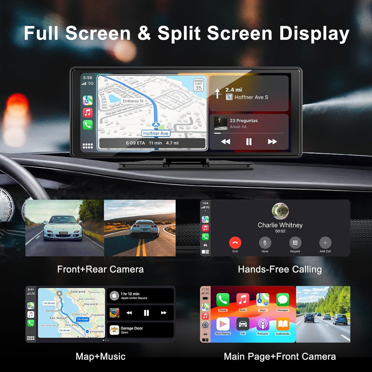 EZoneTronics 10,26 inch Carplay Display & Android Auto Display, Wireless Carplay Autoradio met GPS Navigatie 4K Dashcam Achteruitrijcamera Bluetooth Voice Control IPS Touchscreen Mirror Link AUX FM