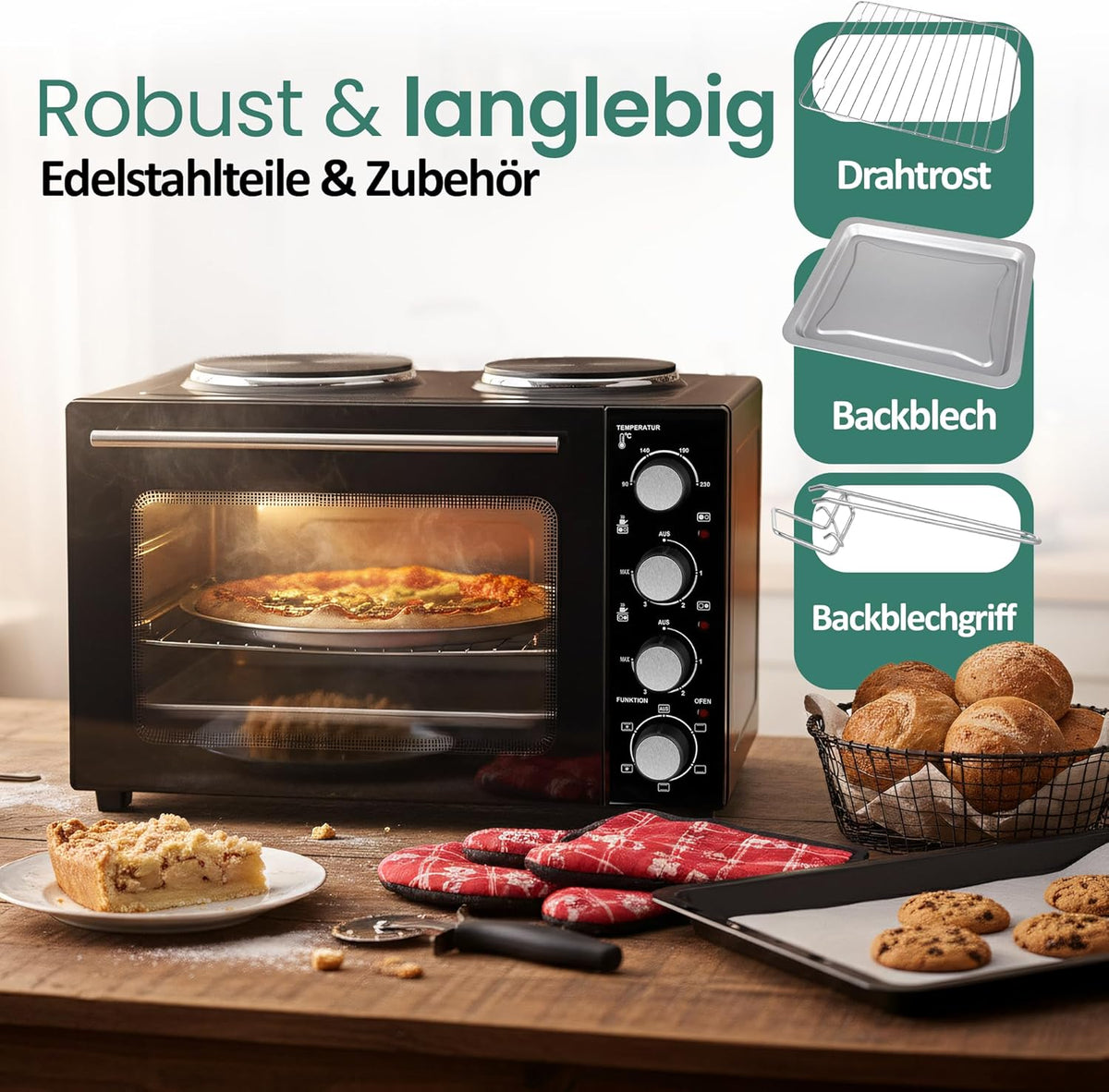 EMERIO MO-125236.4 Oven met 32 liter + 2 kookplaten | hete lucht + boven-/onderwarmte | timer + temperatuurregelaar | incl. bakplaat & grillrooster | compacte tafeloven voor pizza, broodjes