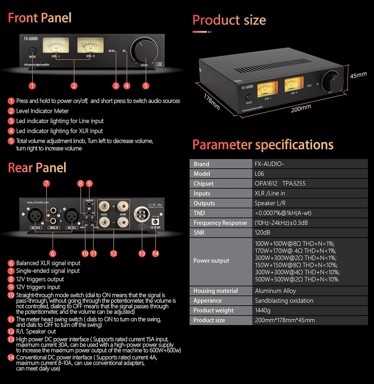 FX-Audio- L06 volledig symmetrische versterker met VU-meter – 500 W + 500 W Dual TPA3255 HiFi-klasse D-stereo-digitale versterker voor passieve 2Ω-8Ω-8Ω-luidsprekers, thuisaudio