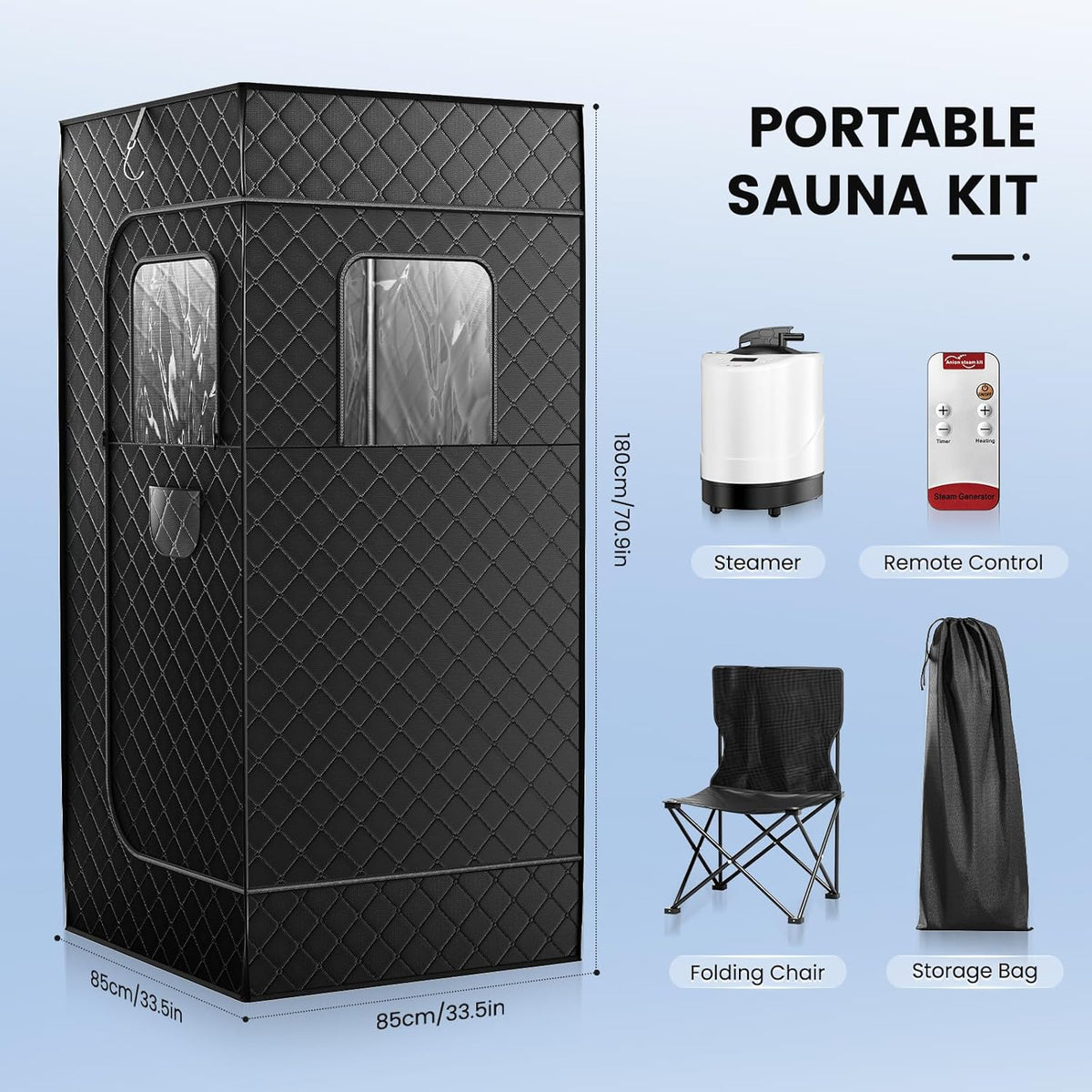 Saunakent, stoomsauna voor thuis, 3 minuten snel opwarmen en 9 warmtestanden, draagbare mobiele sauna met 2,6 l stoom, klapstoel, afstandsbediening, 180 x 80 x 80 cm
