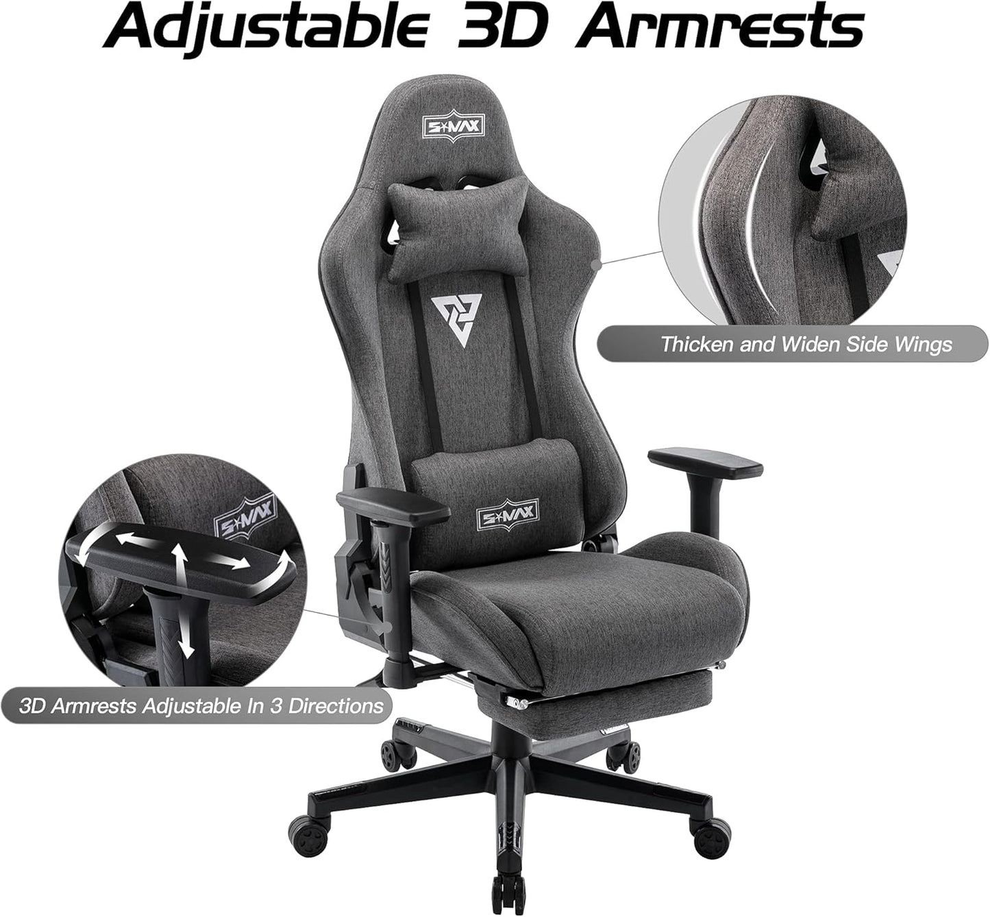 S*MAX Gamingstoel, stof, grijs, met voetensteun, verdikte stoel, 3D-armleuning, videospelstoelen met hoge rugleuning, ergonomische gamingstoel voor volwassenen