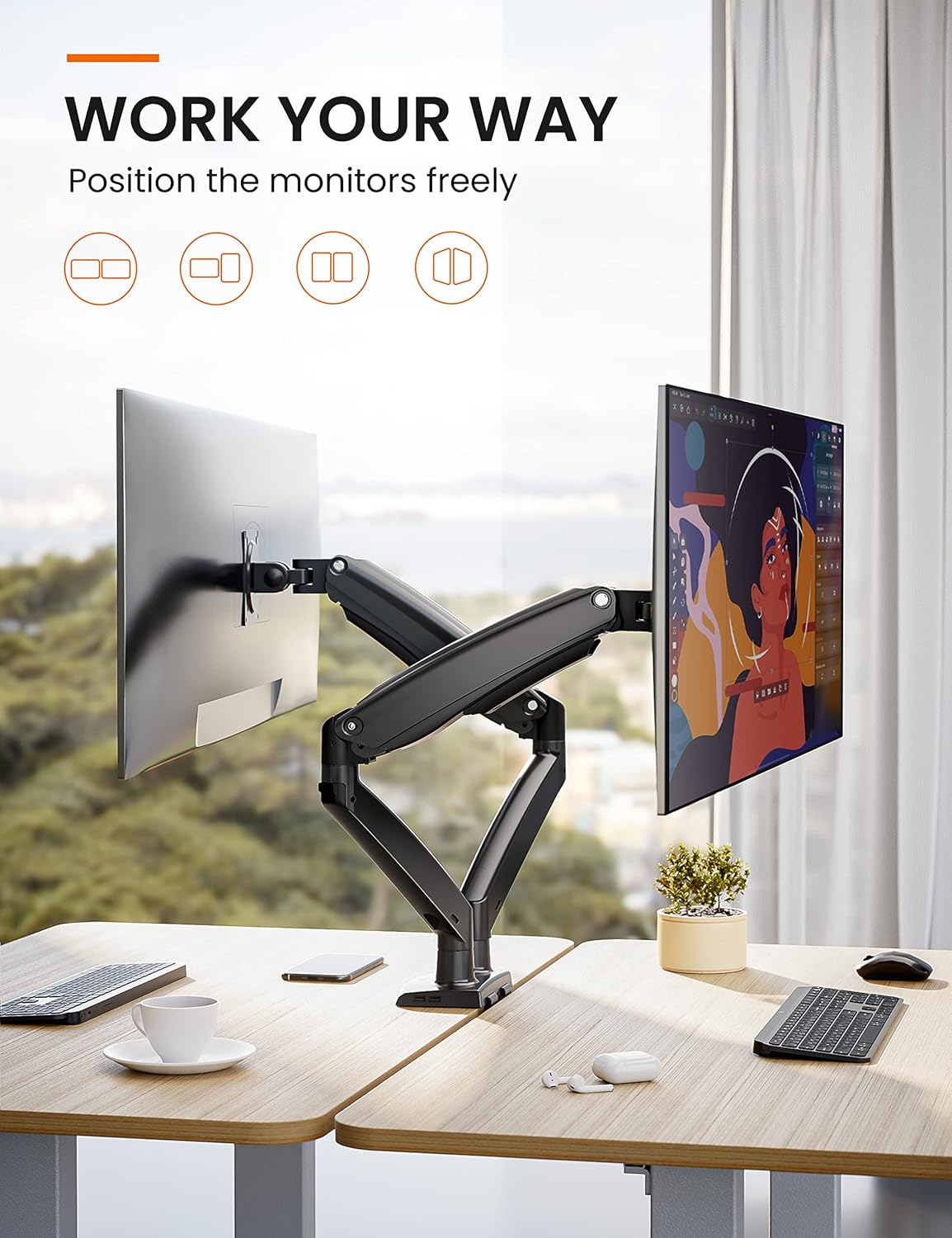 Dubbele monitorarm voor 2 schermen – Monitorhouder – Monitorsteun – Monitorbeugel – Bureausteun – Geschikt voor 13 tot 40 inch – Tot 12,1 kg per scherm, met USB-poort en VESA 75x75 / 100x100