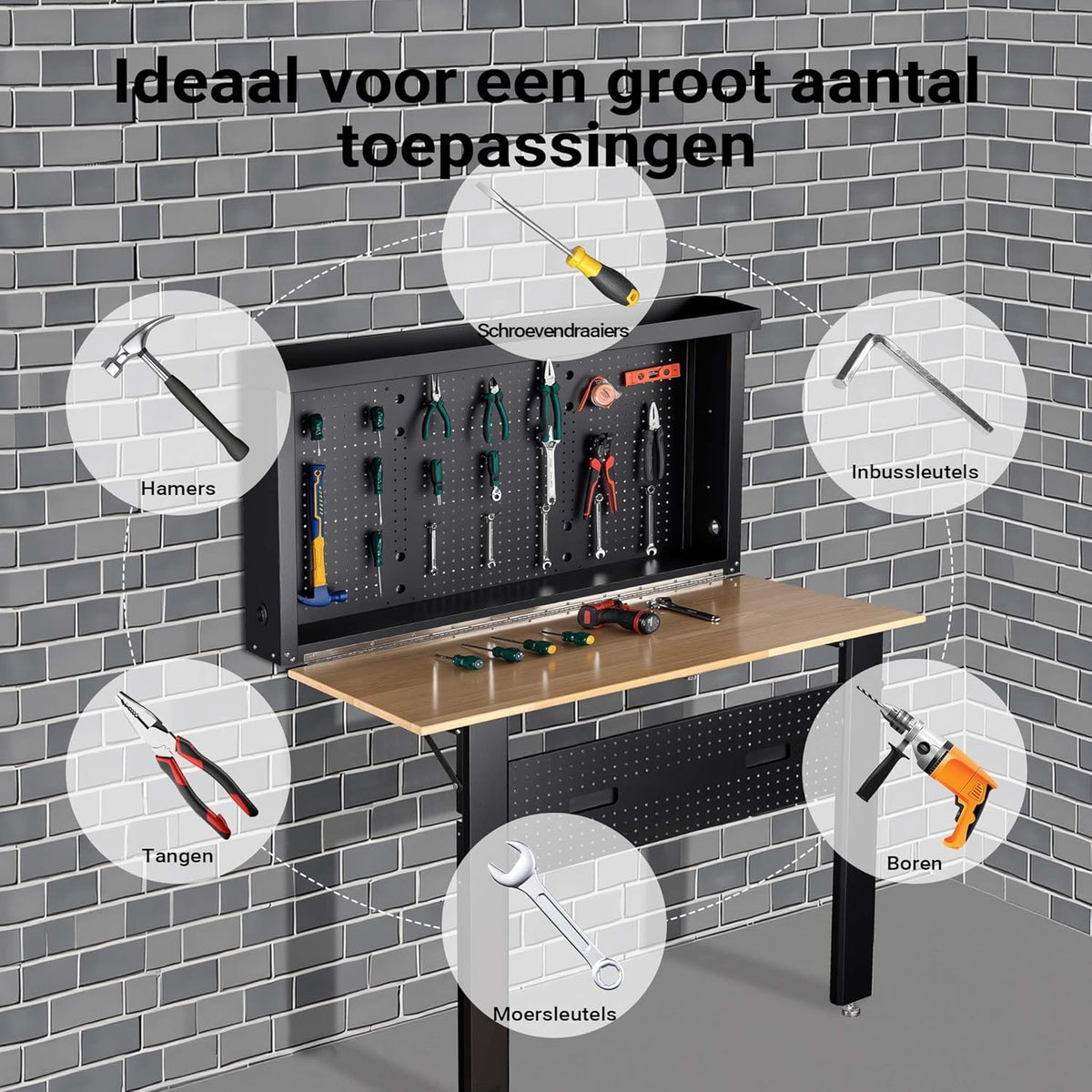 Wiltec werkbank voor wandmontage tot 200 kg, inklapbare gereedschapsbank 120,5 x 82,5 x 162 cm met geperforeerde plaat als achterwand