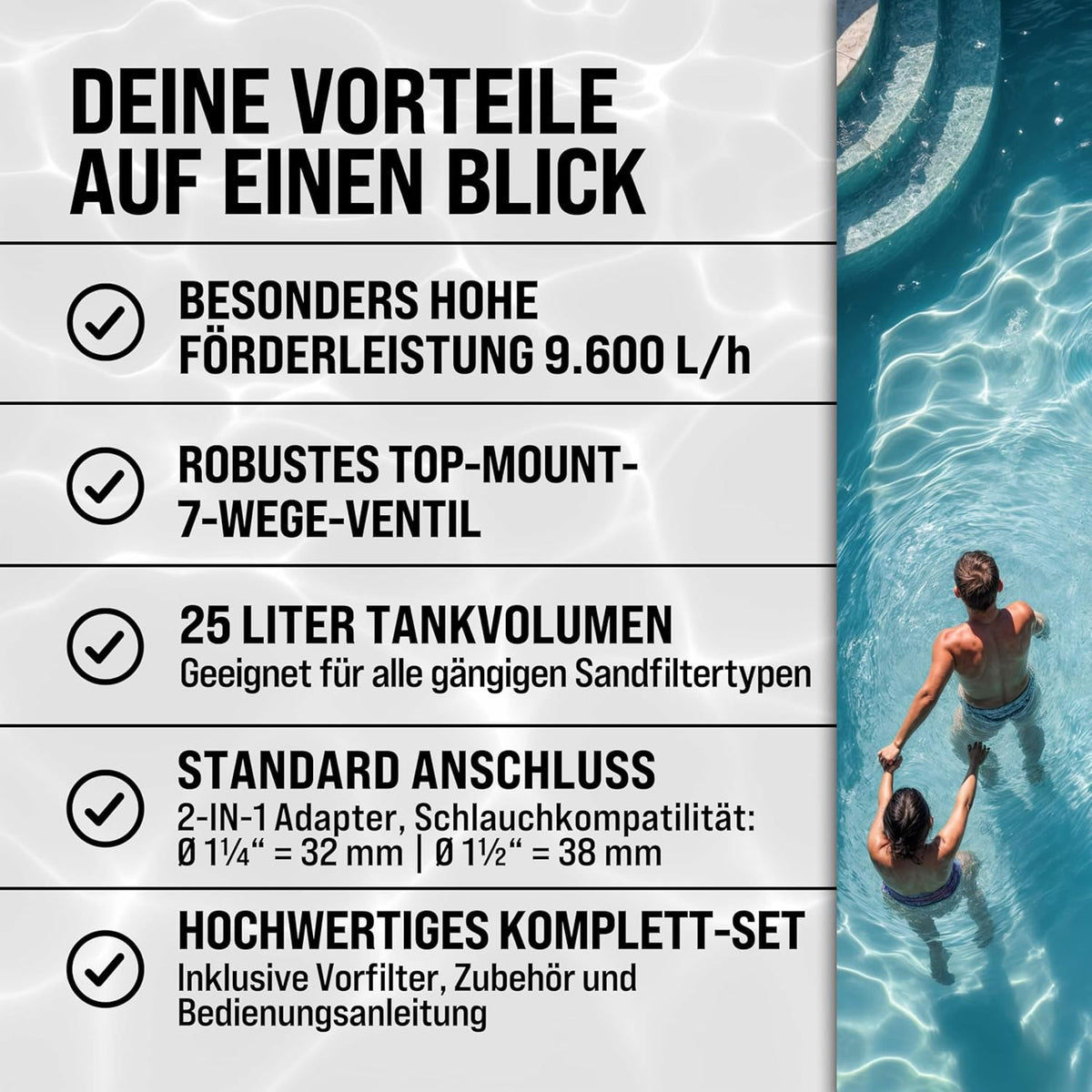 Monzana Zandfiltersysteem 9,6 m³ Voorfilter 7 Wegklep 2in1 adapter Ø32-38mm Filtersysteem Zwembad Filtertank Zandfilter