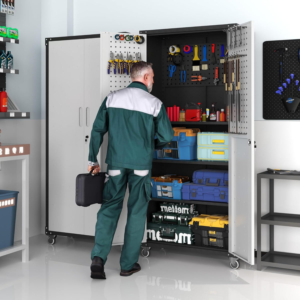 Metalen garagekast zwart/grijs – Gereedschapskast – Werkplaatskast – Opbergkast – Rollende gereedschapskast – 3 verstelbare planken en steekbord – 180 x 80 x 40 cm, koudgewalst staal