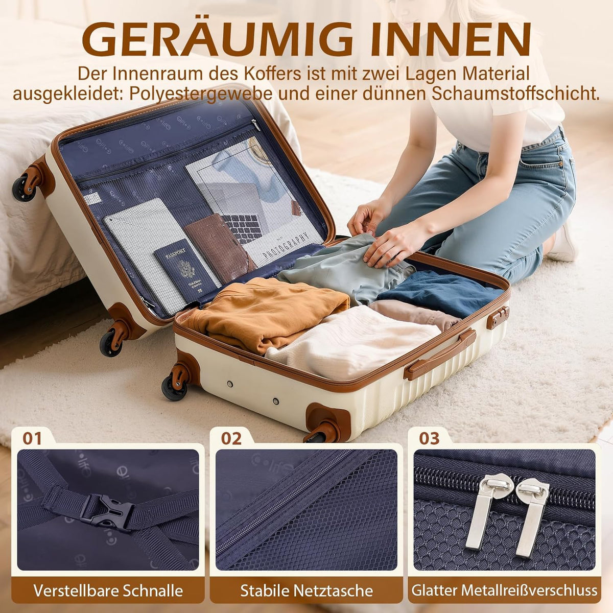 COOLIFE Kofferset, trolley, koffer, ABS, harde schaal, reiskoffer, 4 wielen, TSA-slot, intrekbare trolley, de koffer bevat 1 reistas en 1 toilettas, wit/bruin., Handgepäck-Set 3tlg