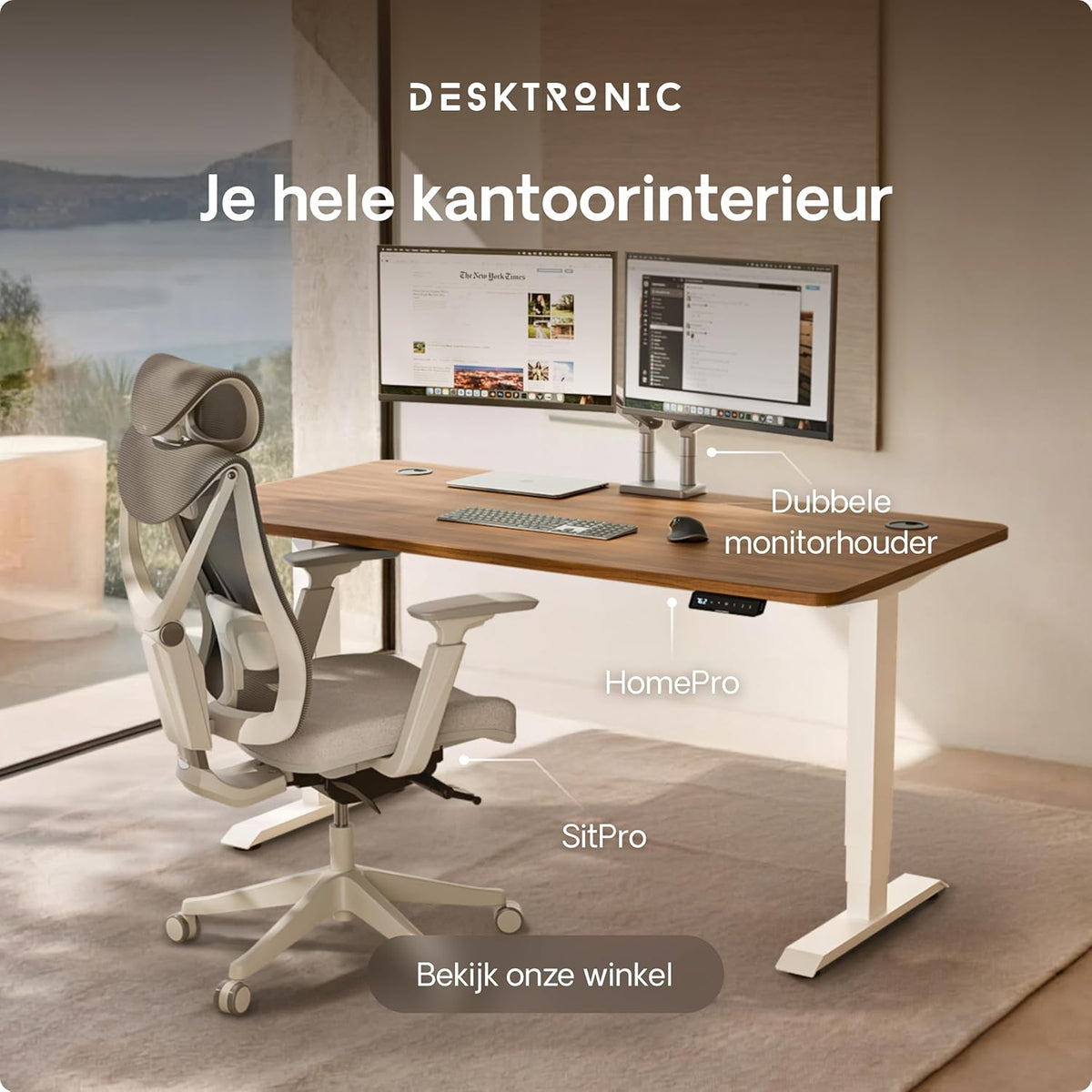Desktronic Desk Sit-Stand - 180x80 cm - Height Adjustable Desk with USB/USB-C, 3 Memory Modes, Dual Motor and Touchscreen Control Electric Table for Comfort and Productivity. - QUORE