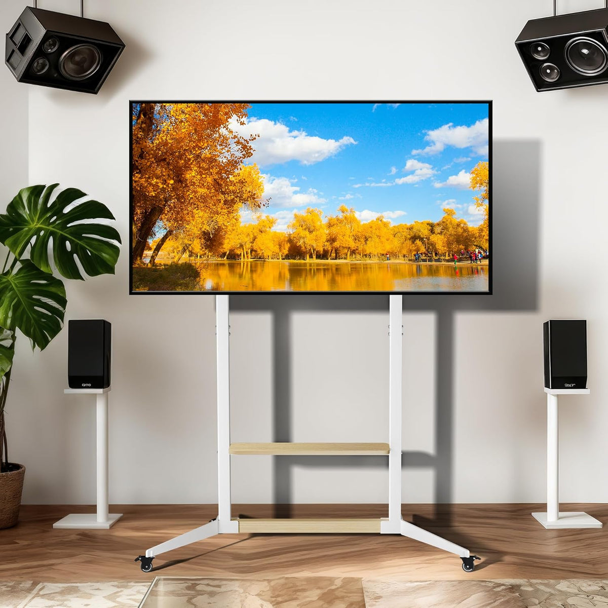 unho Mobiele tv-standaard met wielen voor tv's van 40-100 inch, witte tv-trolley, rollende tv-standaard met planken, verstelbare hoogte, heavy-duty MDF en stalen constructie, maximale belasting 100 kg