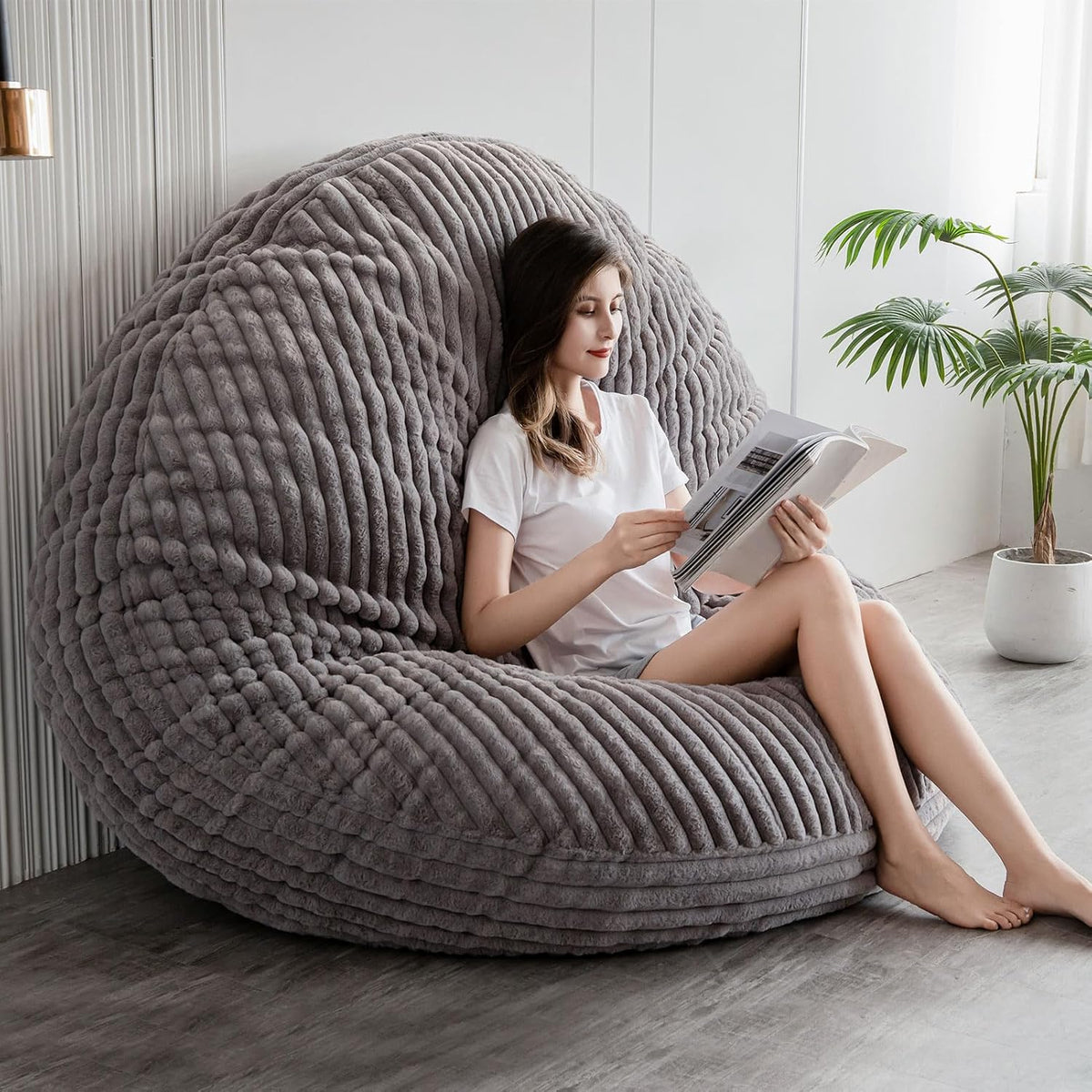 MAXYOYO Enorme zitzakbed, vierkante zitzakstoel, grote bank met imitatiebont en pluizige vulling voor volwassenen, koppels, gasten (corduroy grijs, 150 x 150 cm)