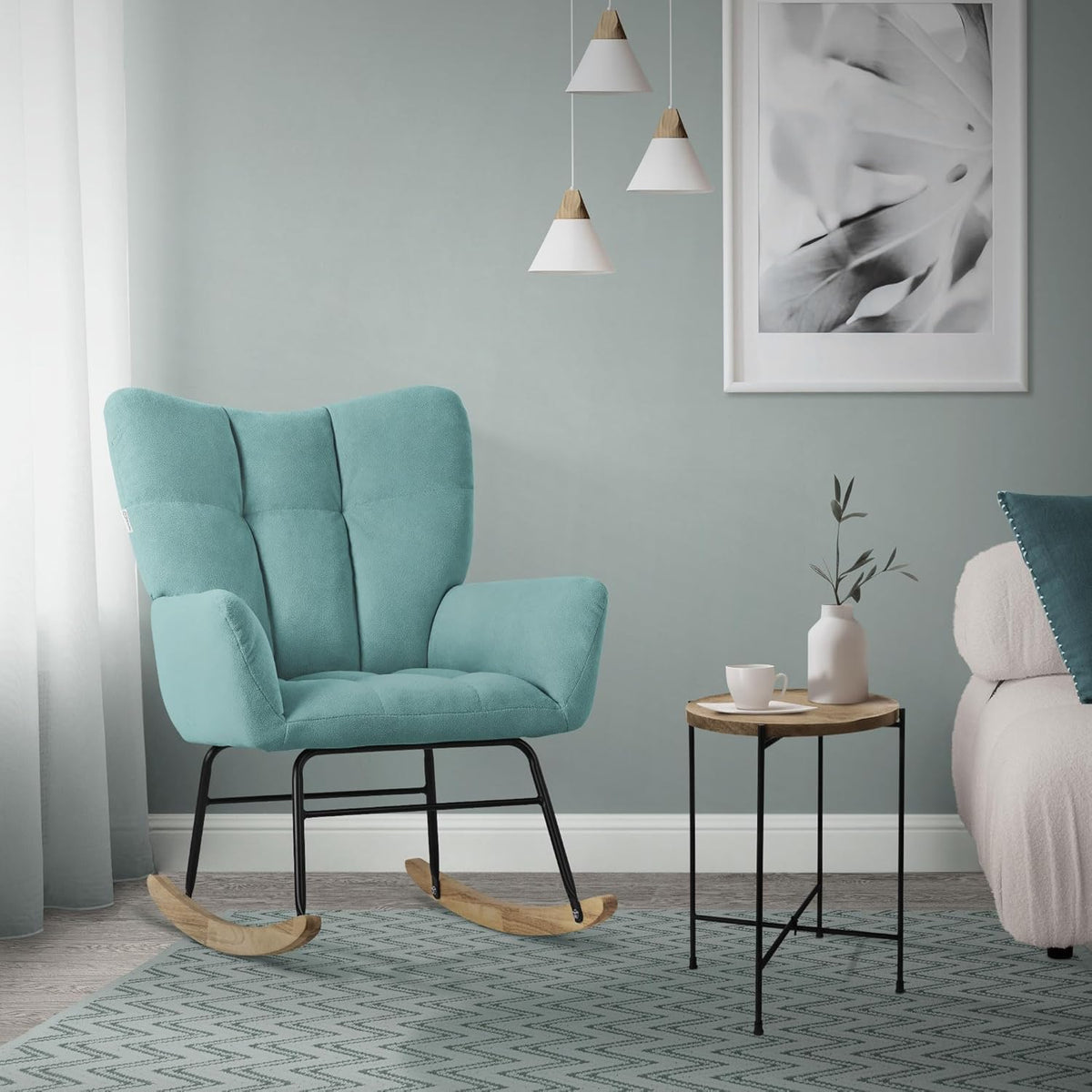 Schommelstoel – Relaxstoel – Schommelstoel Babykamer – Fauteuil – Voedingsstoel – Zachte Polyester Bekleding – Natuurlijke Houten Schommelvoeten – Maximaal 120 kg Belastbaar – Ergonomisch Ontwerp