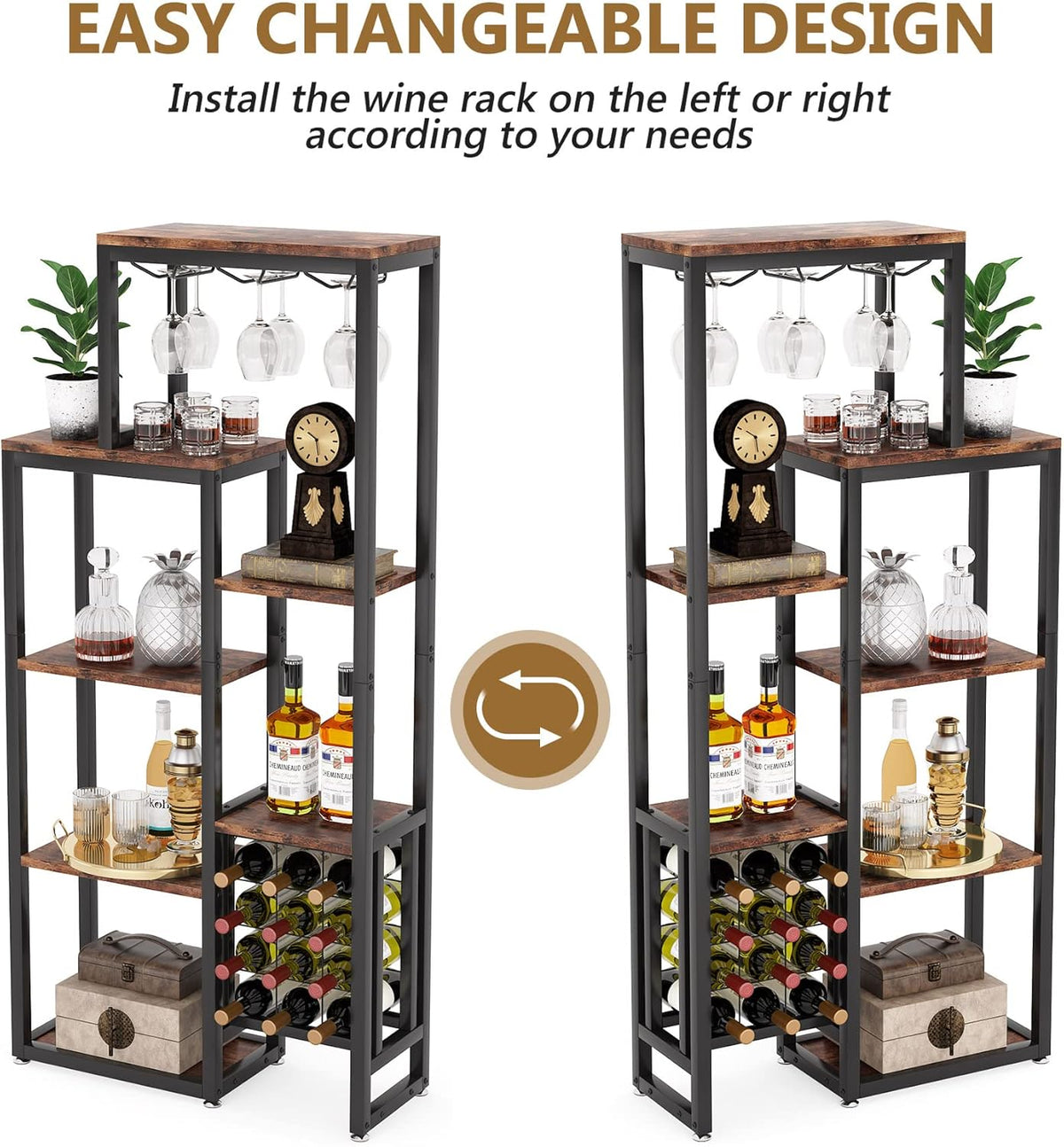 Tribesigns 2 Pcs Freestanding Floor Wine Rack - 5 Tier Wine Display Shelf with Glass Holder and Storage, Industrial Bar Cabinet for Kitchen, Dining Room (Rustic Brown)