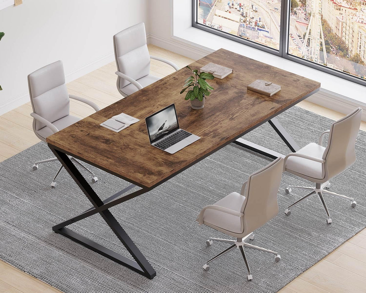 LVB Rustiek Groot Thuiskantoor 70.8” Lang en Breed Computerbureau, Houten Metalen Werkbureau voor Studie Schrijven Gamen, Boerderij Dubbele Monitor Werkstation Directie Computer Tafel, Rustiek Bruin