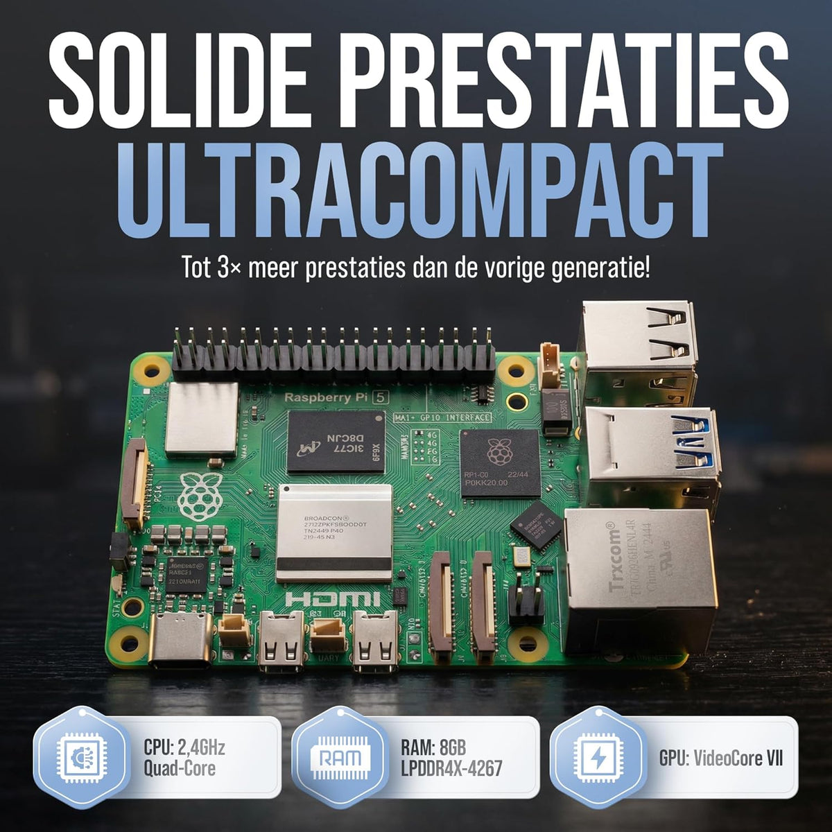 Raspberry Pi 5 8 GB Starter Kit | 128 GB Edition | Officiële USB-C 27W voeding | Officiële behuizing met ventilator | 4K Micro HDMI-kabel 1m | koellichaam