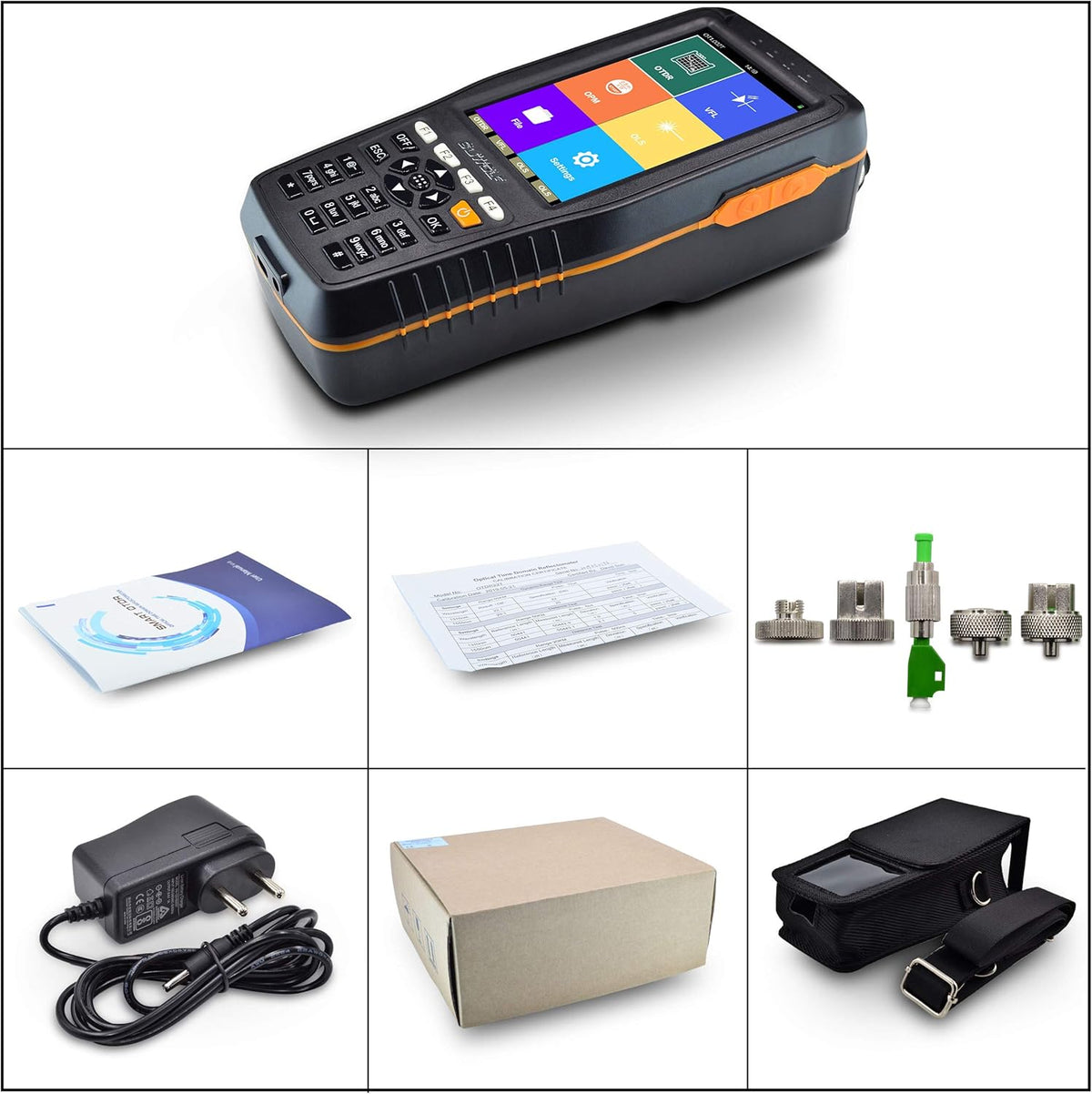 1310/1550nm 22/20dB handheld 4in1 mini OTDR + VFL+OPM+OLS 4 inch touchscreen 60 km glasvezel tester/glasvezel tester/optische tijdbereik-reflectometer met SC(APC) + FC(APC) + FC naar