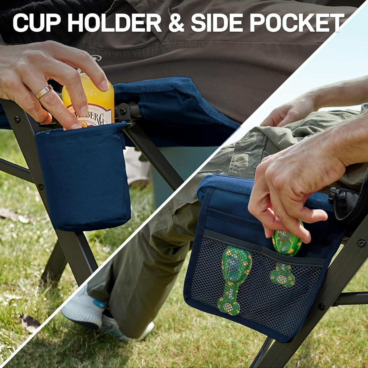 EVER ADVANCED Opvouwbare campingstoel, rugverstelling in 4 standen, belastbaar tot 150 KG, 6 cm dik gepolsterd met zijvak, drankhouder, tuinstoel met hoge rugleuning, visstoel voor kamp, tuin, balkon