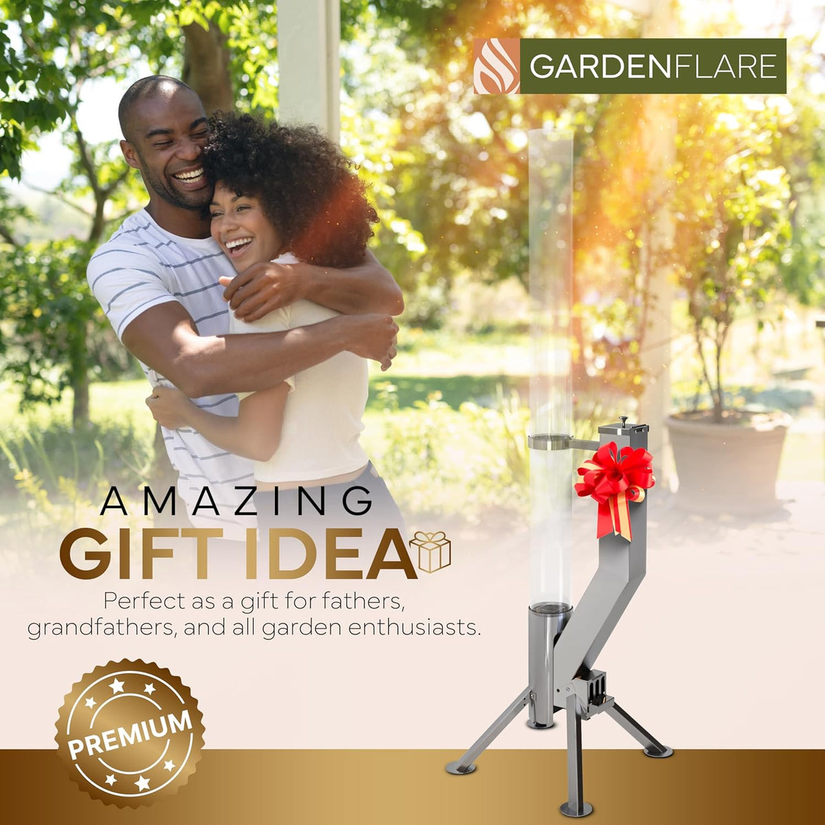 GARDENFLARE Premium vuurkorf - grote roestvrijstalen pelletzaklamp met vlam tot 1,5 m en reinigingsborstel inbegrepen, vuurkolom voor tuin en terras, je duurzame buitensfeervuur (zilver)