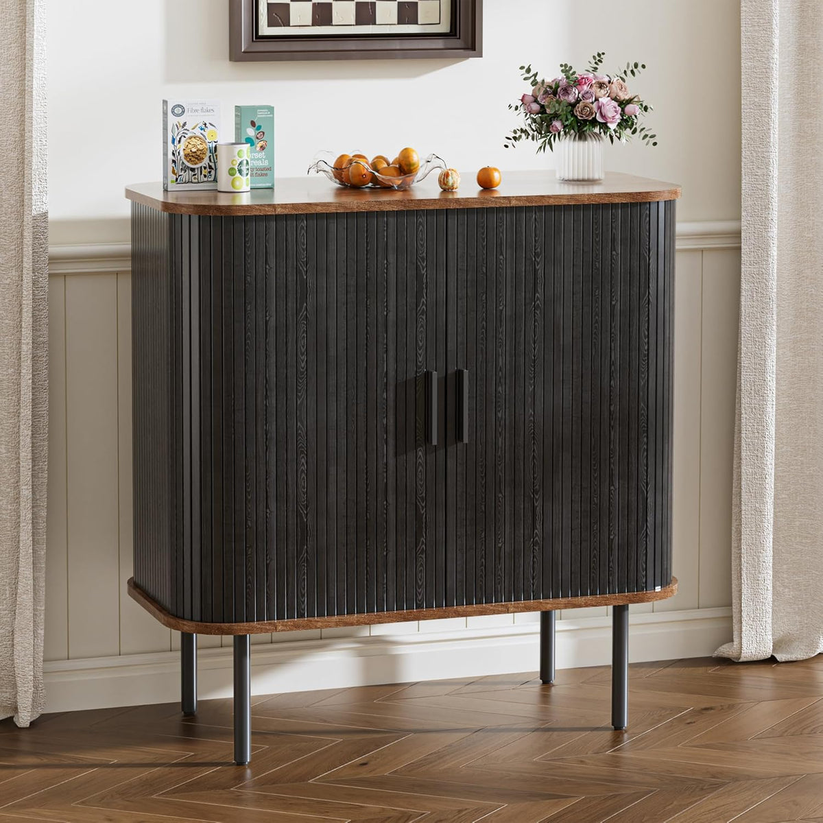 Keukenkast, sideboard met twee schuifdeuren, houten opbergkast met verstelbare planken, opbergkast voor keuken, eetkamer, woonkamer, zwart