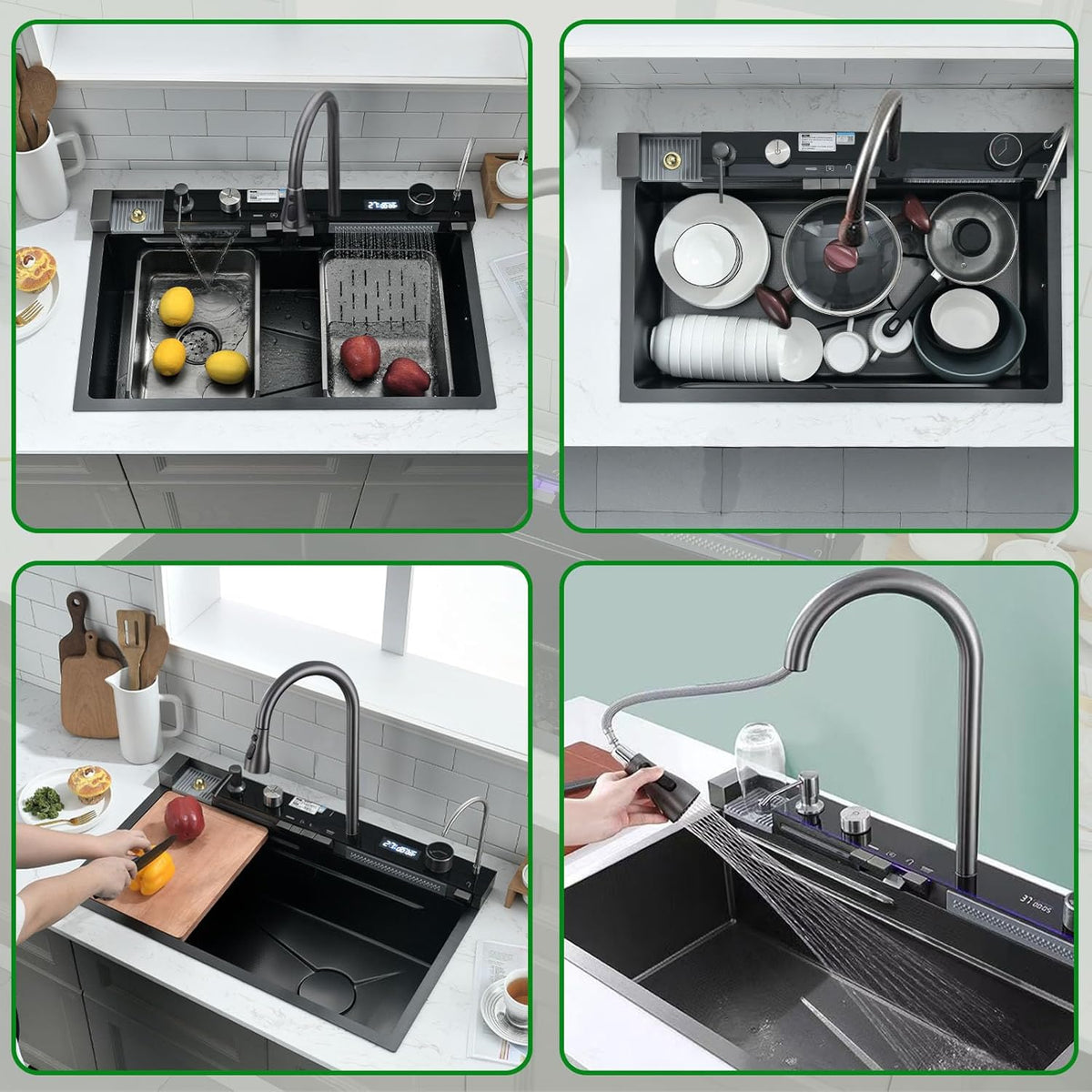 304 Roestvrij Staal Keuken Spoelbak, 80x45x21cm Zwarte Enkele Kom Multifunctionele Waterval Sink