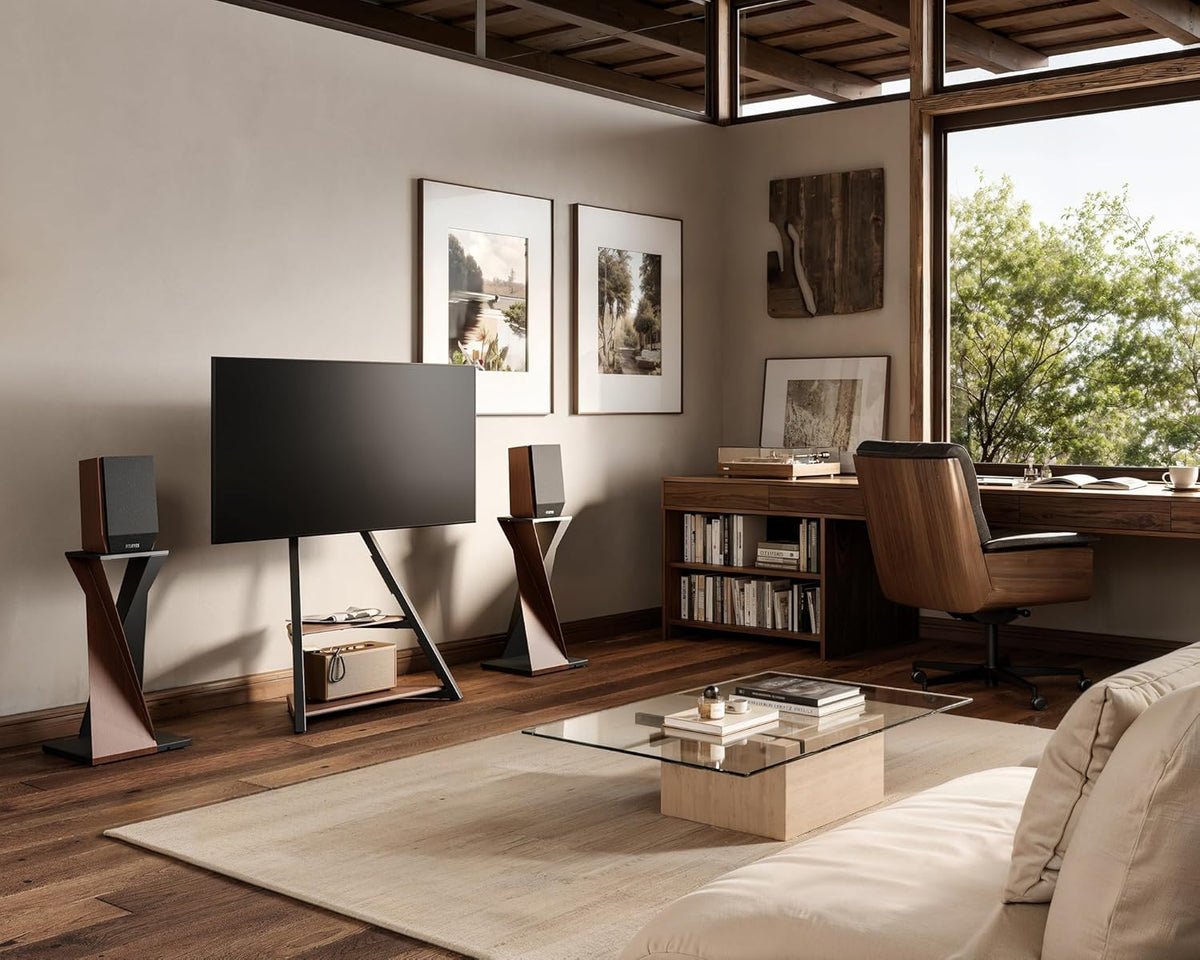 FITUEYES Design mobiele tv-standaard op wielen met 2 planken voor 32 43 55 65 inch vloer tv-standaard art schermhoek ± 15° verstelbare hoogte 946-1076,5 mm max. belasting 40 kg voor thuis, lounge