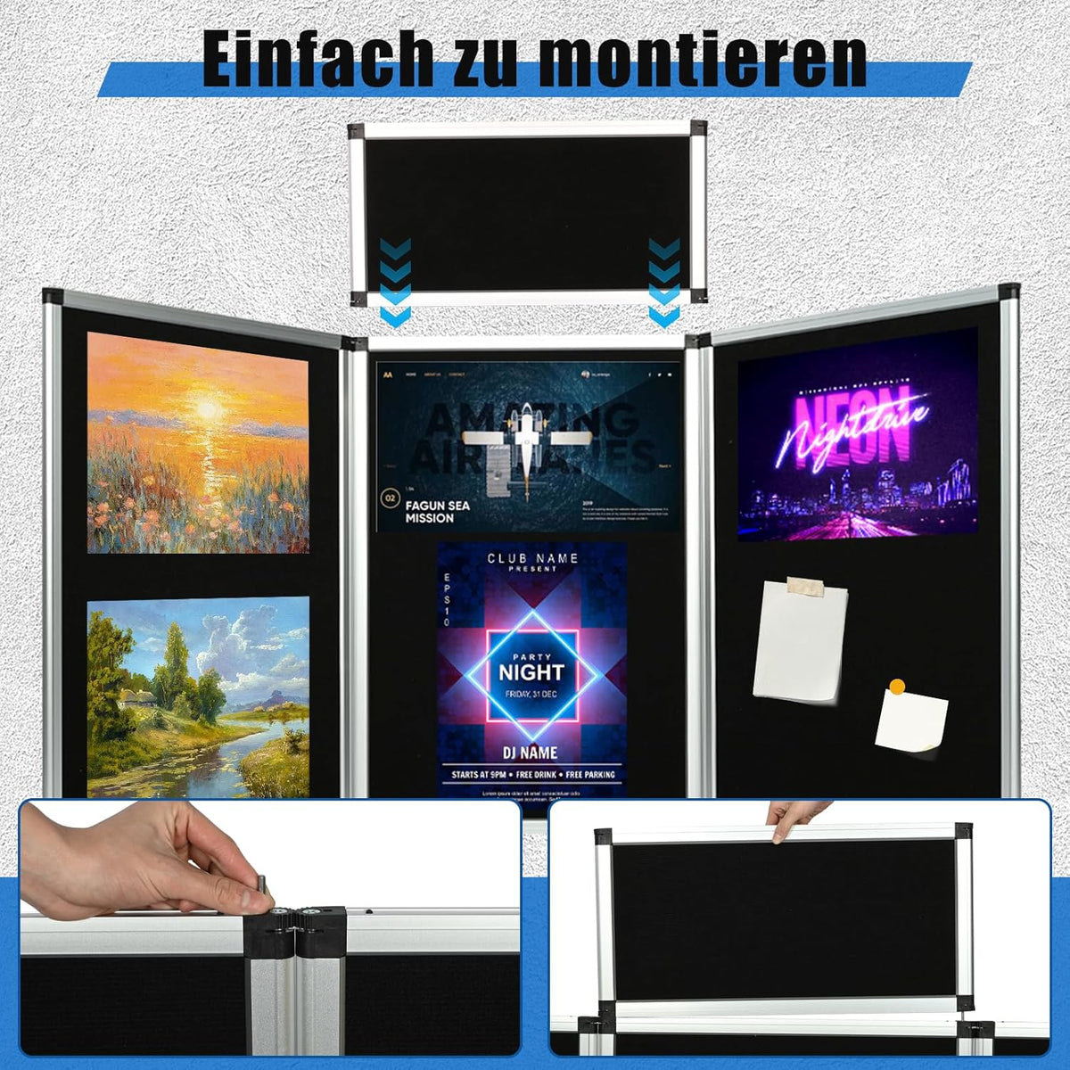 Presentatiebord, 3 + 1 paneel, groot opvouwbaar presentatiebord, 180 x 90 cm, drievoudig gevouwen presentatiebord, display voor beurzen, tafeldisplays, zwart, 180 x 90 cm