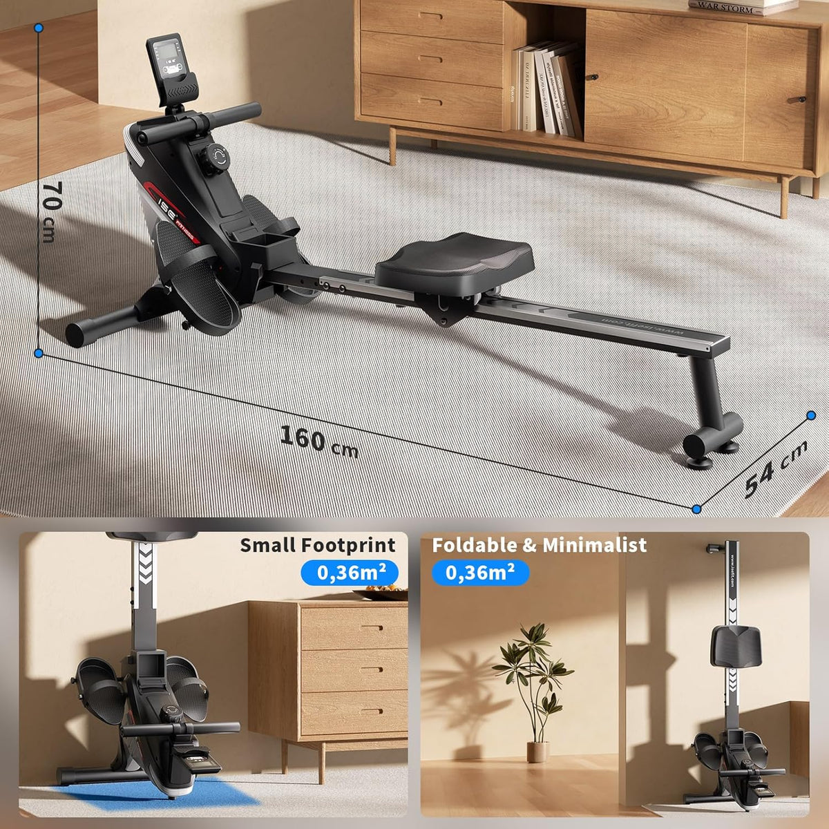 ISE Roeitoestel voor thuis, magnetisch roeitoestel met app en lcd-display en 8 weerstandsniveaus, stil, magnetisch roeitoestel, stil thuisroeitoestel voor cardio-training, indoor-apparaat voor