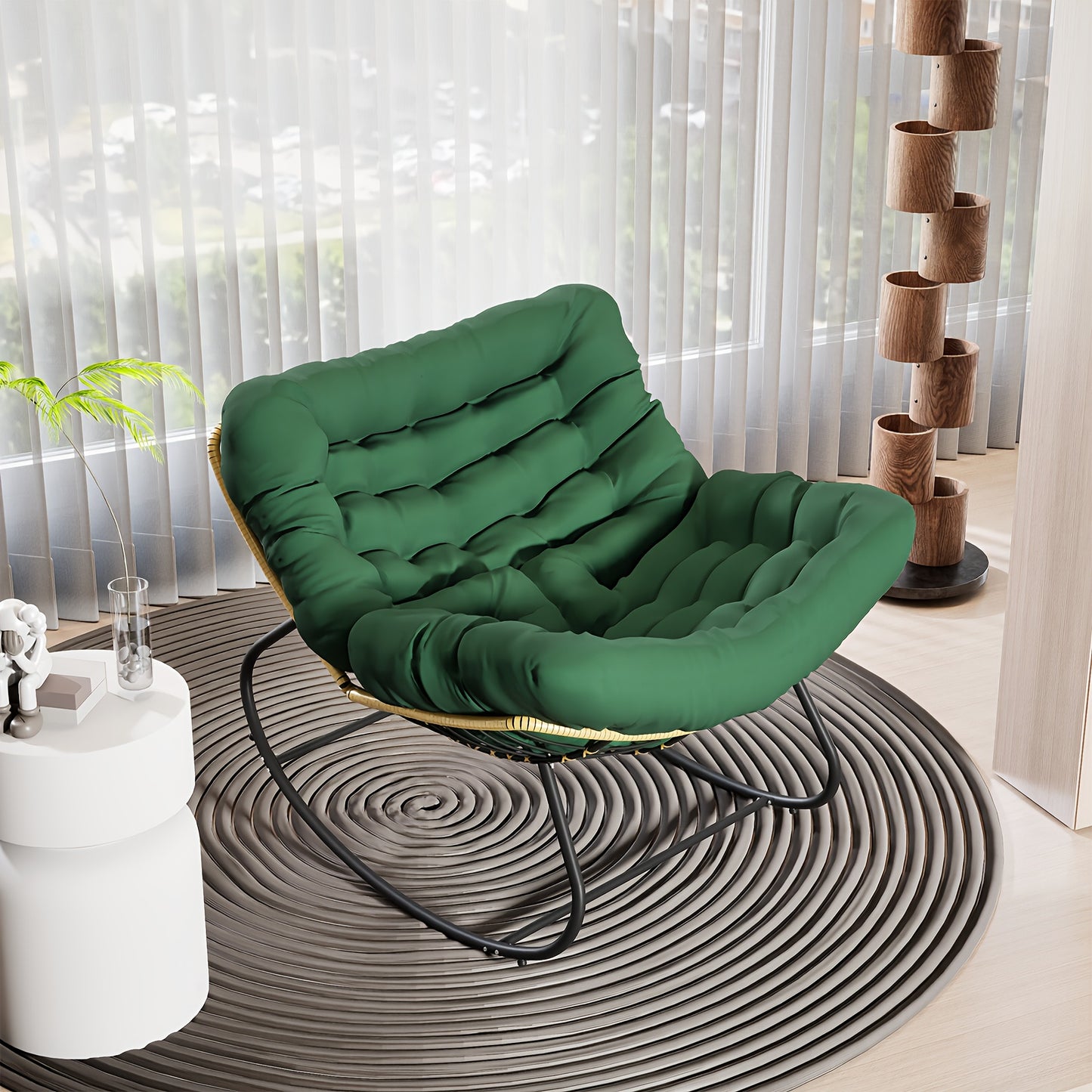Oversized Wicker Egg Rocking Chair with Beige Cushion - Modern Indoor/Outdoor All-Weather PE Rattan & Metal Frame, Memory Foam Padding, Sturdy Rocker Base - Beige Lounge Chair for Patio, Porch, Balcony, Living Room - Easy-Cle
