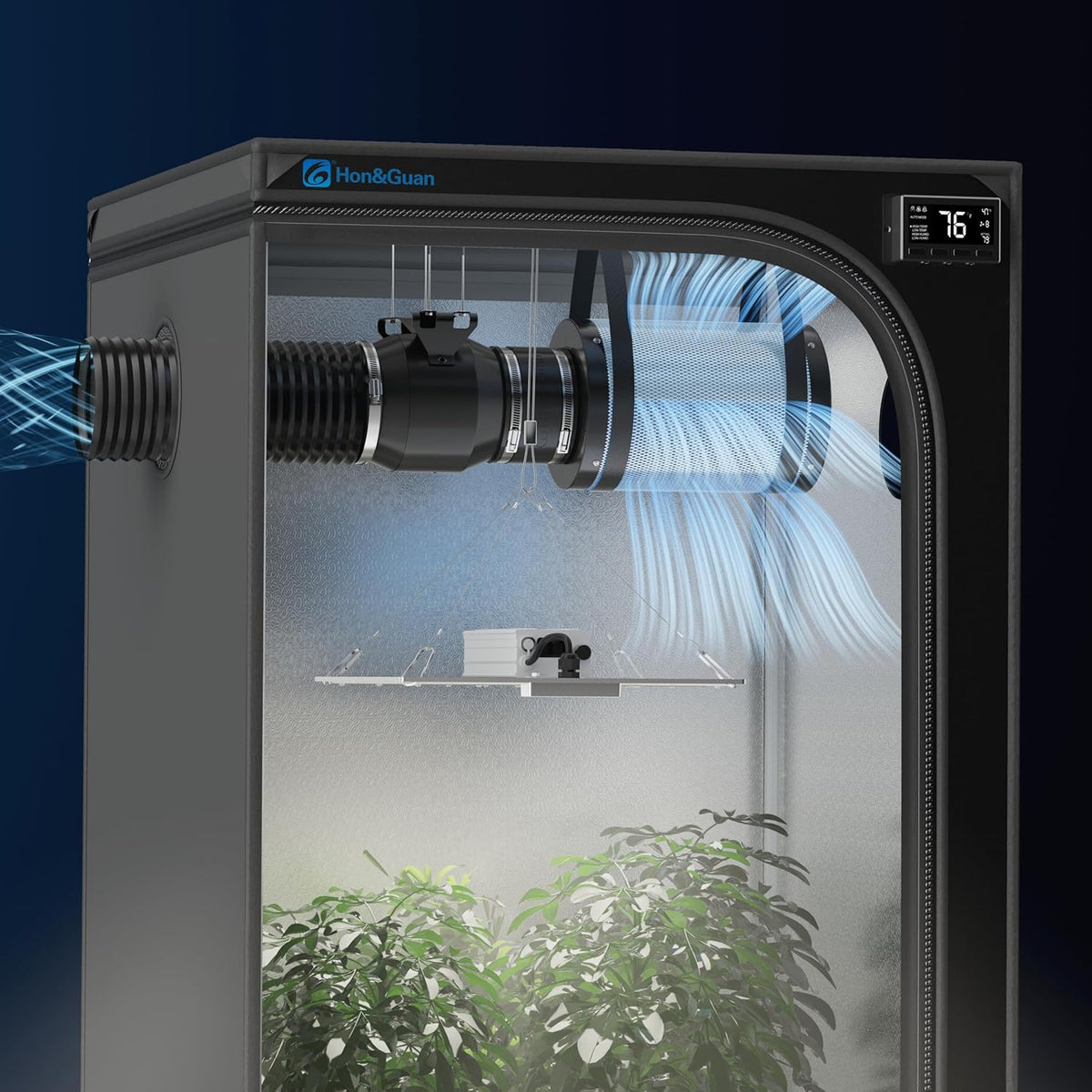 Hon&Guan Afvoerluchtset 100 mm, buisventilator 100 mm met temperatuur- en vochtigheidsregelaar, actieve koolfilter, groei, rubberen koppeling, slangklemmen, set voor kweektent, hydrocultuur