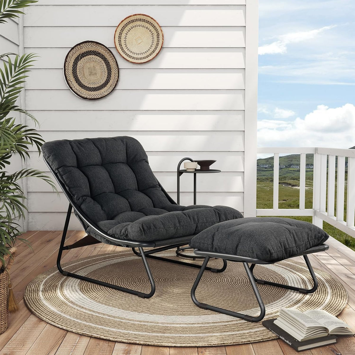 Grand patio Garden Lounger Garden Chair with Side Table and Footstool, Armchair with Removable Cushion for Adults, Sun Lounger for Patio, Living Room, Outdoor, Dark Grey - QUORE