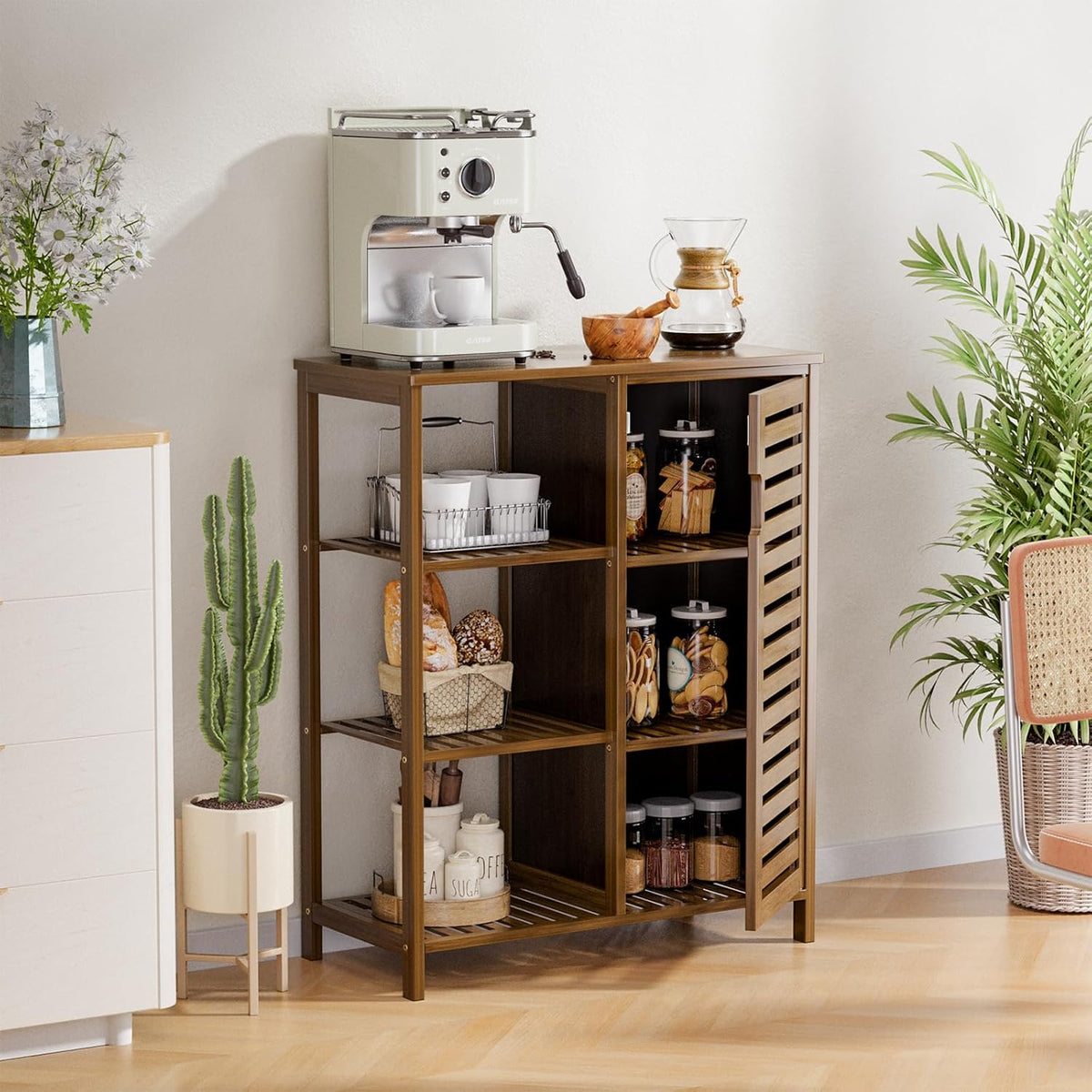 HITNET Badkamer Opberg Vloerkast, bamboe keuken bijzettafel organisator eenheid vrijstaand, met enkele deur en 3 open planken, Walnoot