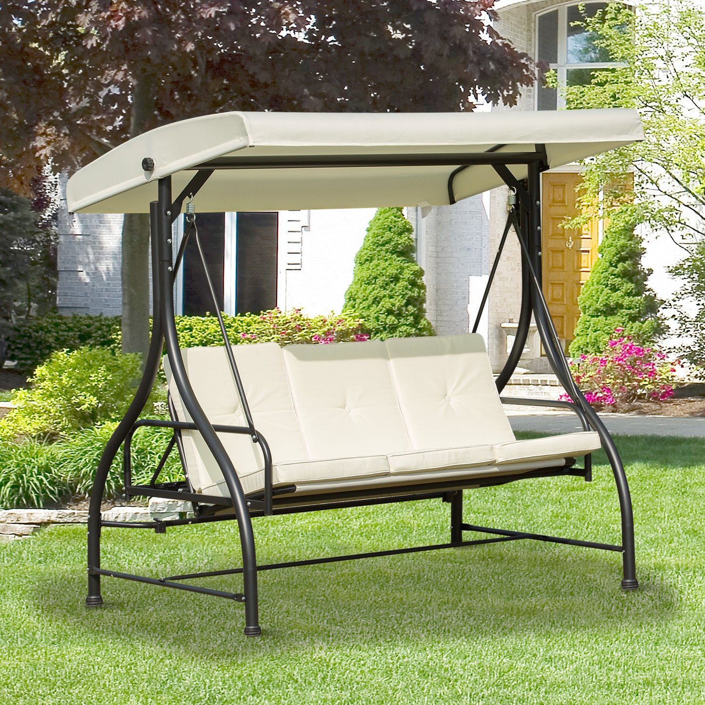 3-zits Tuinbank Schommel – Tuinbank Schommelbank – Buitenschommel – Tuinbank Ligbed – Licht Beige – Verstelbaar Zonnescherm – 8 cm Dik Kussen – Epoxy Gecoat Metaal