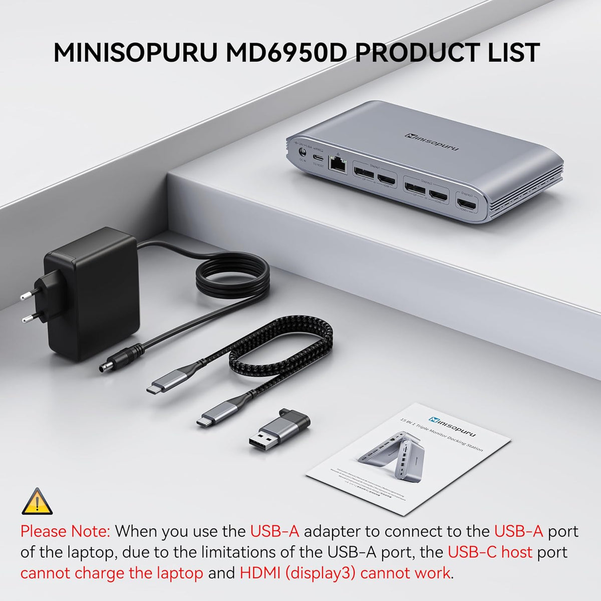 Minisopuru Upgrade DisplayLink Docking Station met 140W Power Adapter, Triple Monitor Docking Station voor MacBook/Windows (3XHDMI, 2XDisplayPort, 2X10Gbps Data & 45 WCharging USB C, 3X USB A, SD/TF)