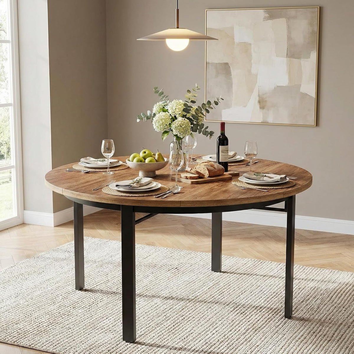 Lailang 119cm Eettafel, Eetkamertafel Ovaal, Kitchen Dining Table, Houten Eettafel, Dining Table For 6 People, 119 x 119 x 76 cm, Bruin