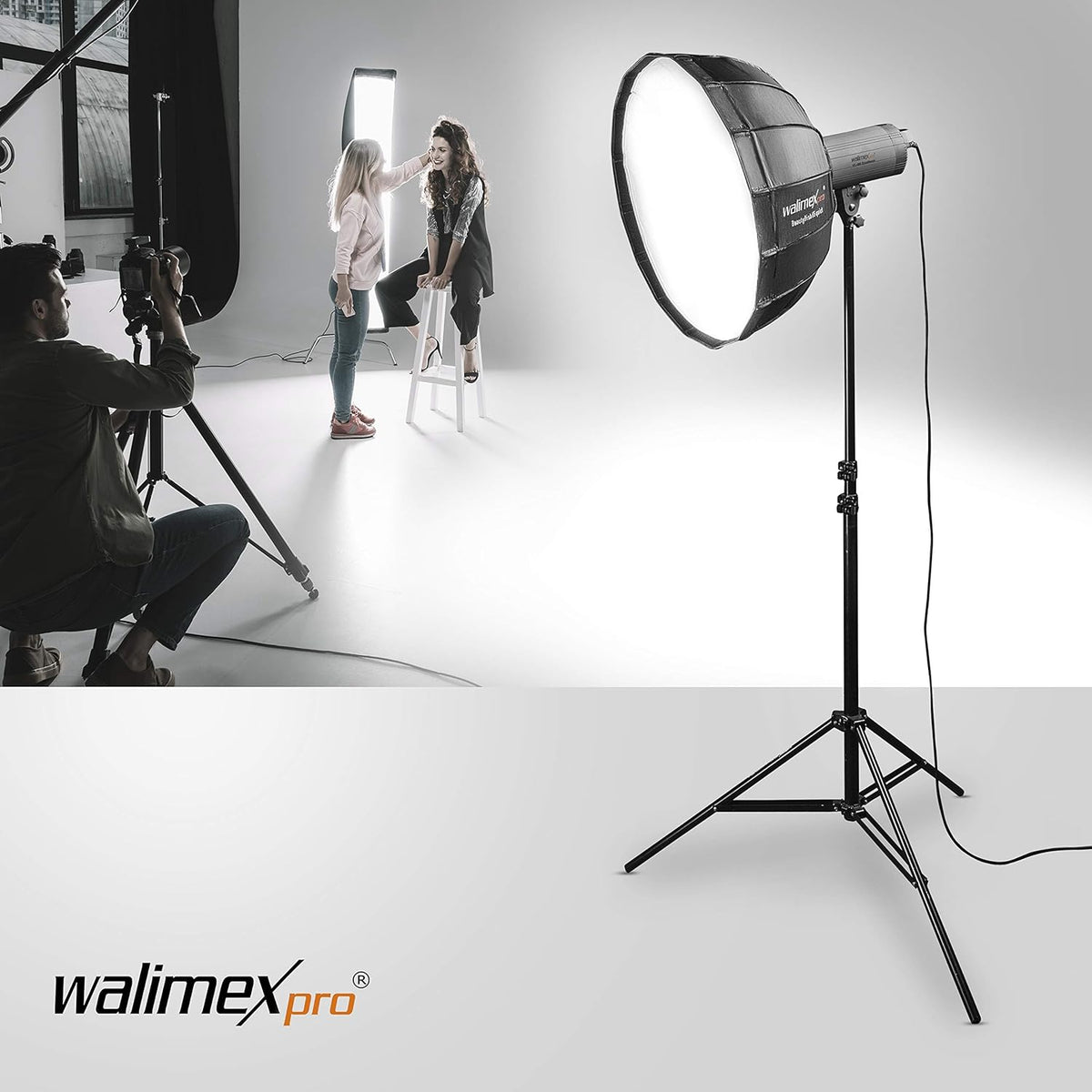 Walimex pro Studio Line Beauty Dish Softbox QA105 – Beauty Dish lichtvormer, 105 cm Ø, 46 cm diep, opvouwbaar, met rooster, binnen- en buitendiffuser, voor Speedlite opsteekflits, studioflits, 22456