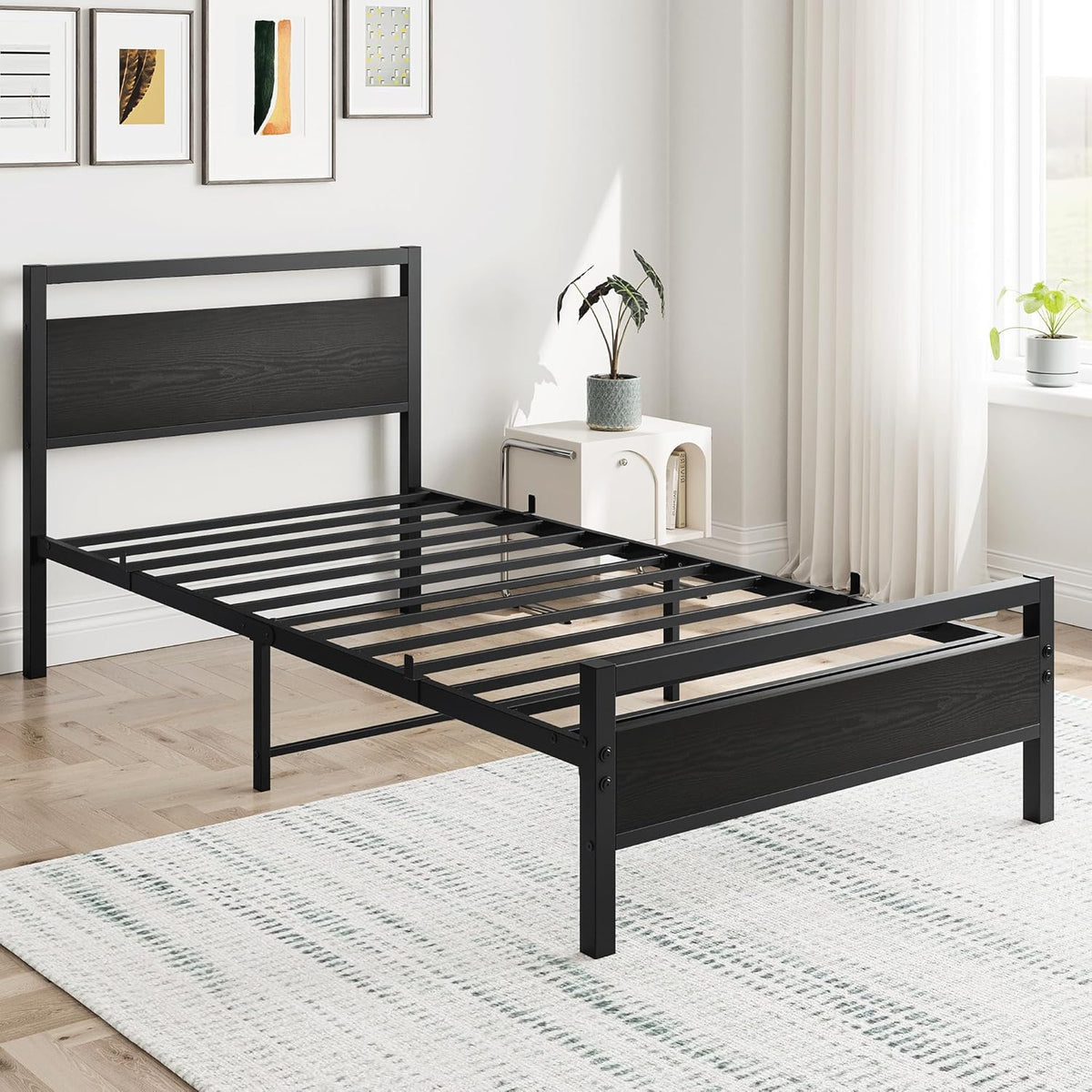 HOJINLINERO Bedframe 90 x 200 cm, bedframe van metaal, hout, eenpersoonsbed, metalen bed, 90 x 200 cm, met lattenbodem, logeerbed, tienerbed 90 x 200 cm met opbergruimte, opbergbed, bed frame, zwart
