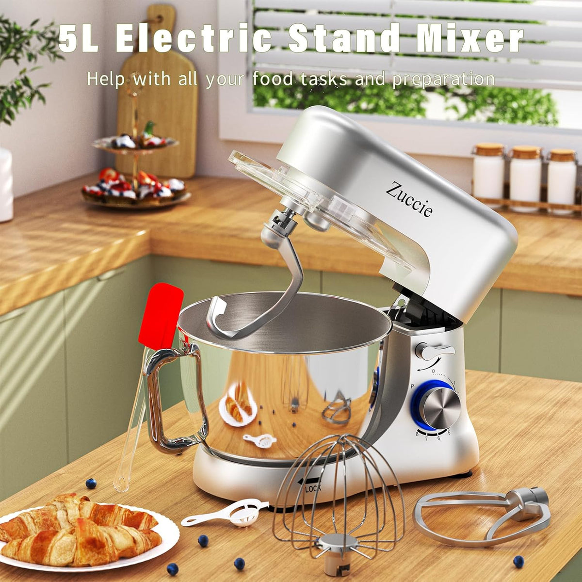 keukenmachine, stille roermachine, incl. 5 l roestvrijstalen kom, 3 roergereedschappen, spatbescherming, deegschraper en eischeider, deegmachine met snelheid 8 P
