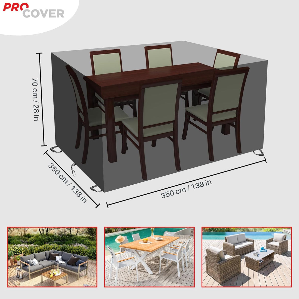 Premium hoes voor buitenmeubels: Duurzame en waterdichte stof met PVC-coating. Dik, duurzaam, ideaal voor tafel, loungeset, meubels, patio. Beschermzeil. (350 x 350 x 70 cm)