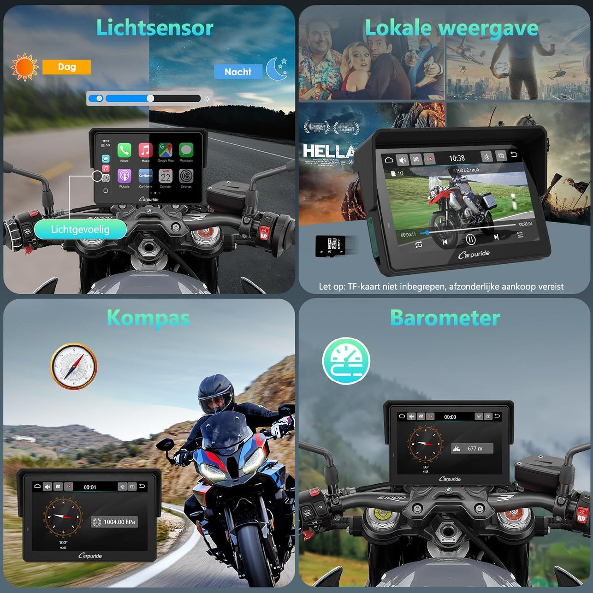 Carpuride W502BS für Motorrad CarPlay & Android Auto & Dual Bluetooth - 5 Zoll wasserdichter GPS-Navigation für Motorrad