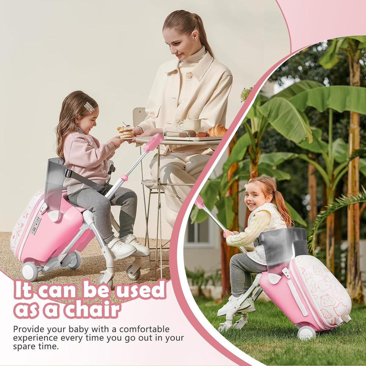 Ride-On koffer voor kinderen, 2-in-1 lichtgewicht reisbagage met 360 ° Spinner wielen, duurzame Carry-On trolley tas voor meisjes jongens - Max belasting 50KG (Graffiti-stijl roze en wit)