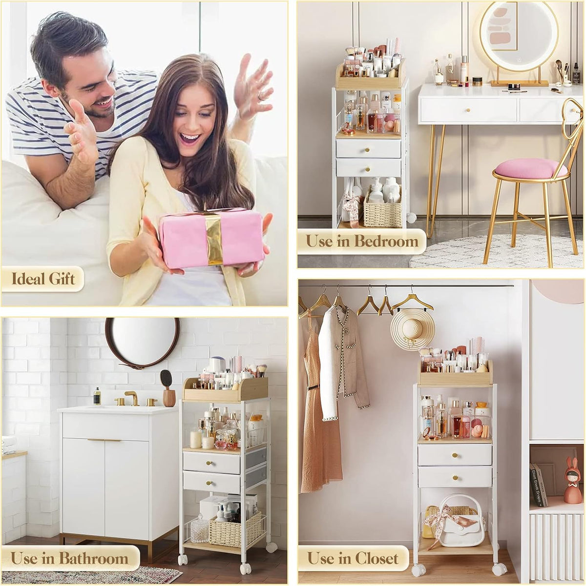 Bikoney Make-up-organizer met laden en wielen - staande wagen voor huidverzorging, parfum, nagellak, haargereedschap, grote cosmetische opbergunit voor slaapkamer of badkamer