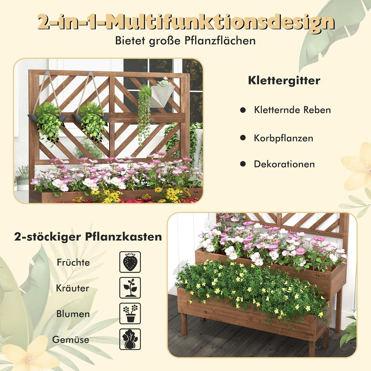 FANTASK Bloembak met latwerk van dennenhout, tuinspalier met 2 rankkasten, verhoogd bloembed met rankrooster en drainagegat, bloempot voor tuin, binnenplaats, balkon, bruin